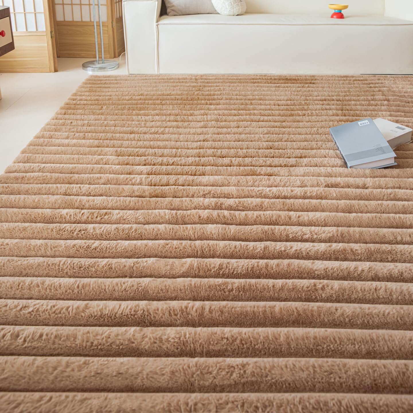 Coffee Rabbit Striped Plush Rug 8'x10', Fluffy Shaggy Area Rug for Nursery & Kids Room, Faux Fur Carpet for Girls Bedroom, Living Room, Teen Decor