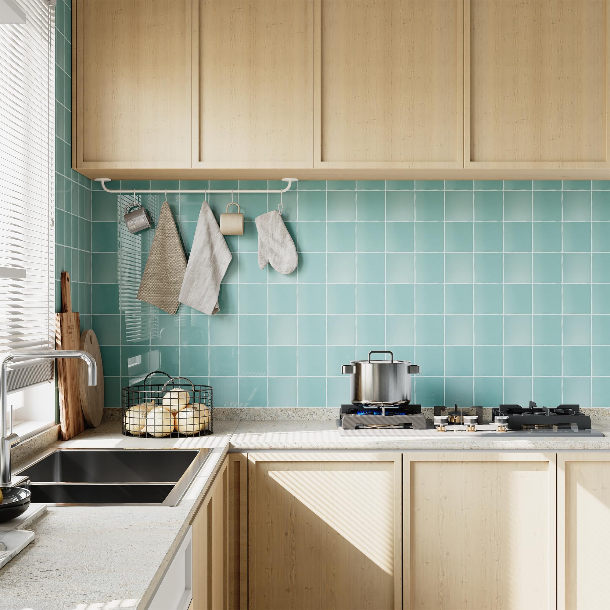 Yoillione Peel and Stick Tiles Kitchen: Self Adhesive Tiles Stickers for Walls - 10 Sheets Waterproof Thick Light Blue Large Splashback for Bathroom