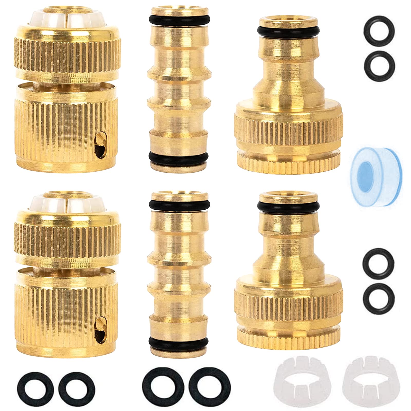 6 Pack Brass Garden Hose Connector, Garden Hose Tap Connector Pipe Fittings Kit, 2 Double Male Connector, 2 Hose End Connector, 2 Hose Tap Connector 1/2'' & 3/4'' 2-in-1 Faucet Adapter