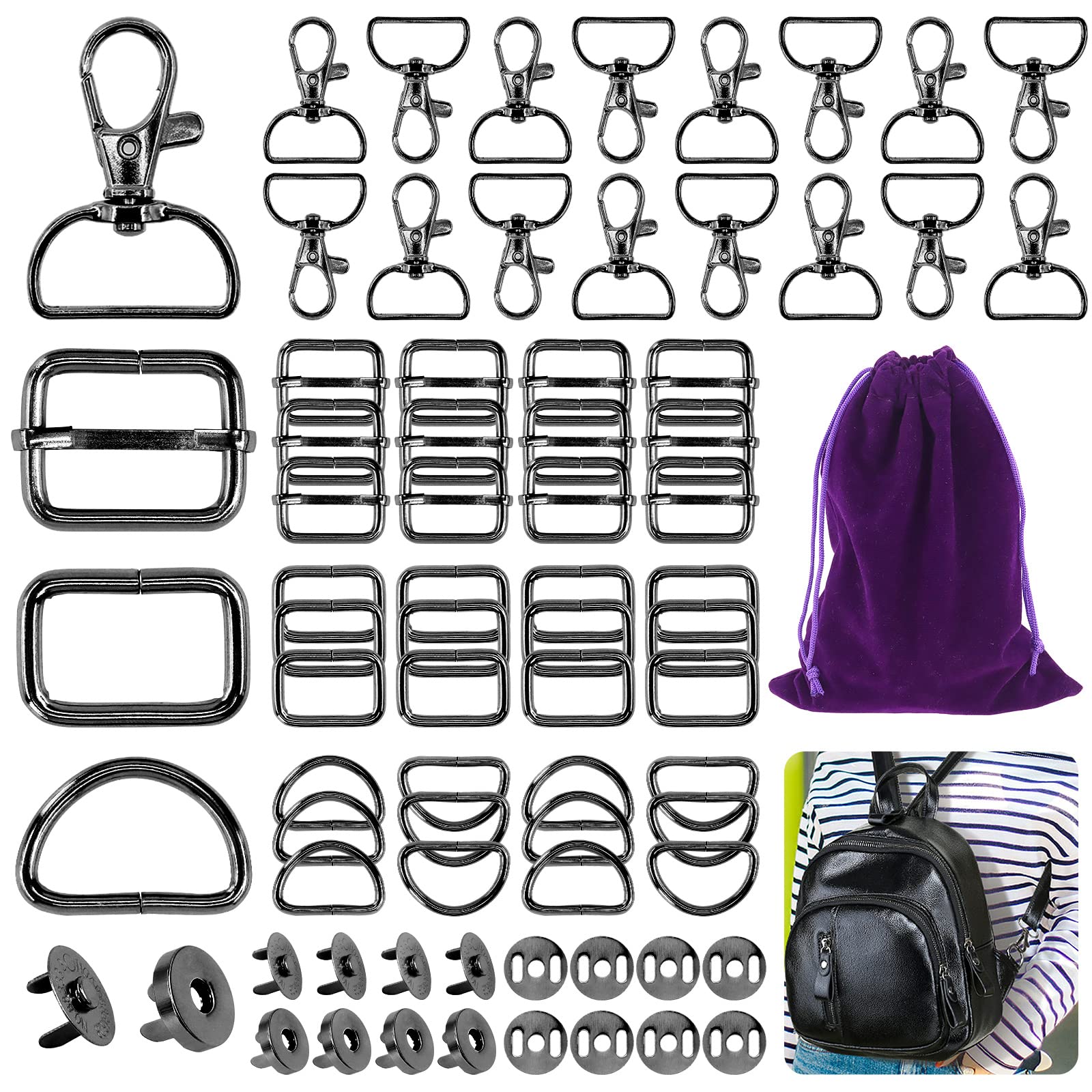 Mardatt 100 PCS Hardware Buckles Kit Including D-Ring,Triangle Slide Square Rings Magnetic Snap Swivel Clasp Hooks for Handbag Strap