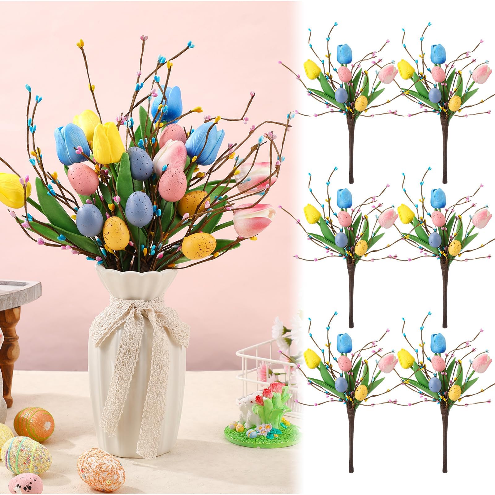 Lyrow 6 Pack Artificial Easter Decorations 12'' Easter Egg Tulip Picks Eggs Flower Branches Rustic Tabletop Decor for Home Festive Celebrations Wedding Party Holiday Spring Summer Decoration