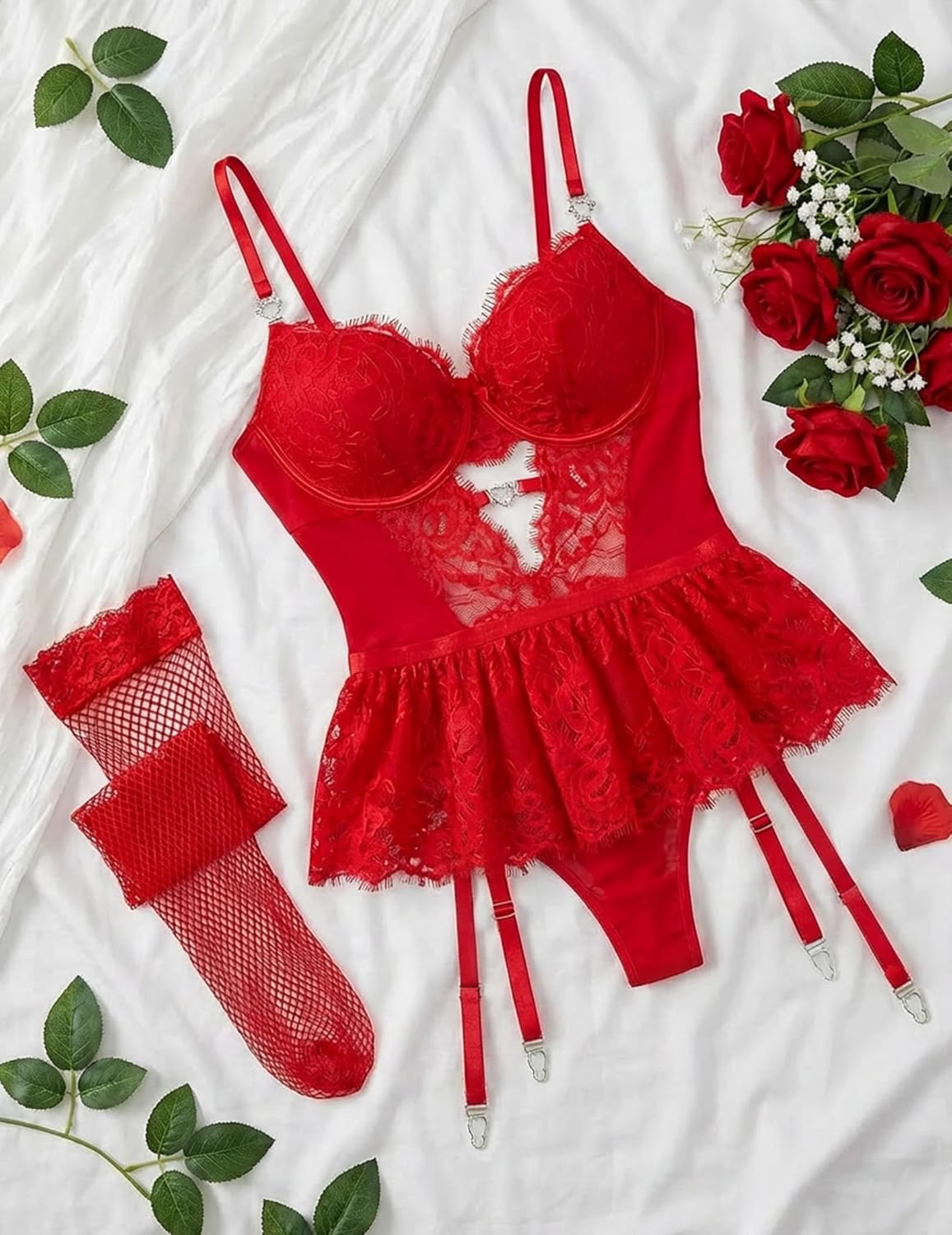 Women Lingerie Set Naughty Lace Bodysuit High Waisted Underwire Lingerie Babydoll With Garter Belt and Stockings - Image 5