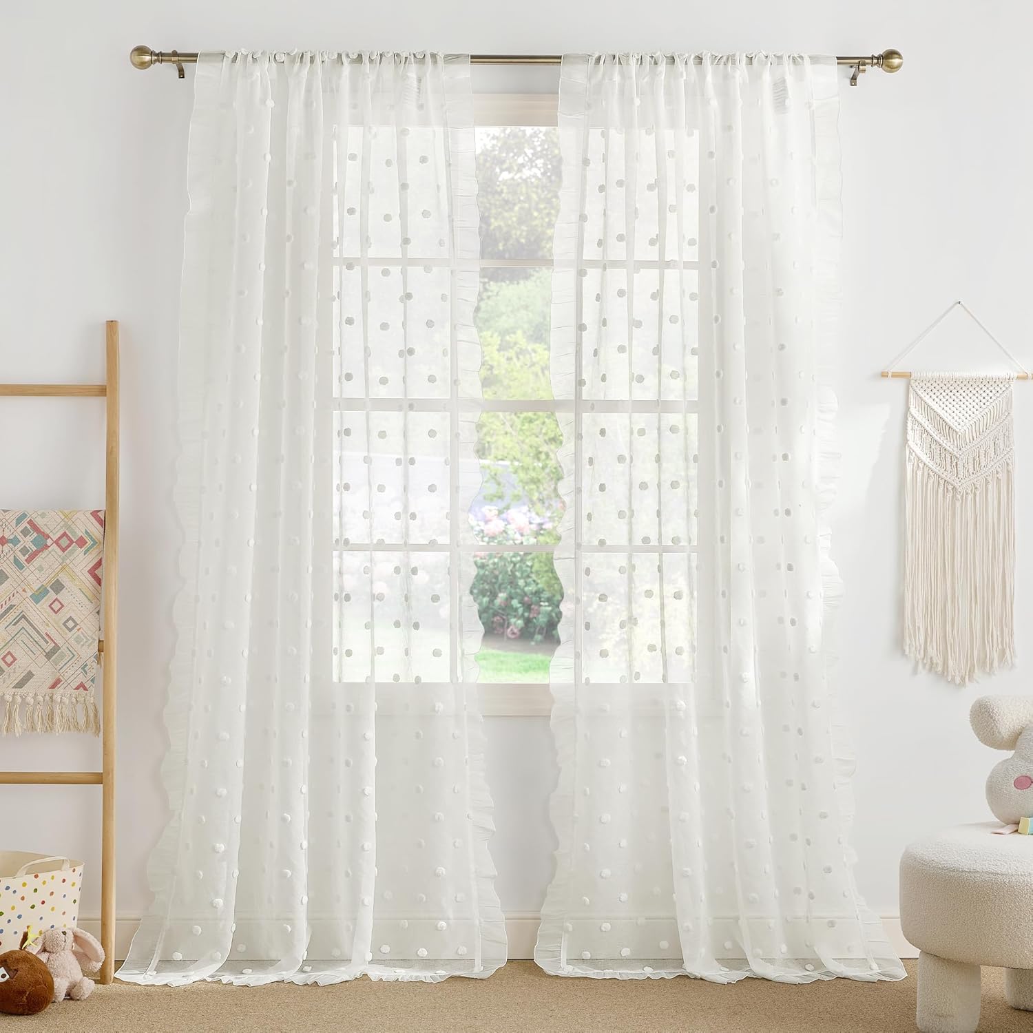 StangH White Ruffle Window Drapes, Vintage Curtains Chic Farmhouse Style Romantic Ruffle Curtains Shabby Chic Panels Cottage Decor for Bedroom/Backdrop/Bathroom/Dorm, W52 x L95, 2 Panels