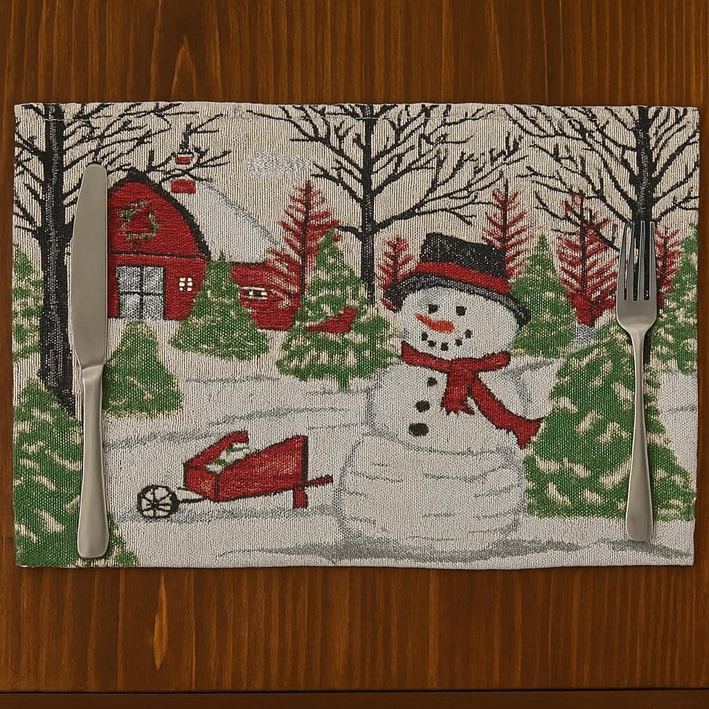 Christmas Holiday Placemats, Set of Six (6) Colorful Tapestry Weave Fabric, for Holiday's, Thanksgiving, Winter, Christmas Theme, Traditional Farmhouse Snowman and Barn
