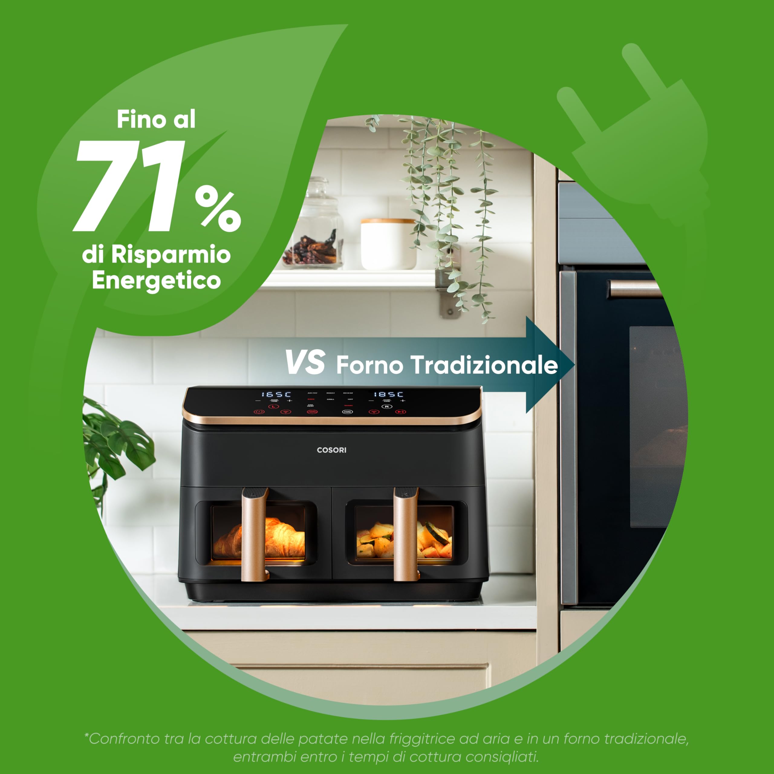 COSORI Friggitrice ad Aria Doppio Cestello, 8,5 Litri Grande Capacità del Air Fryer, Funzione 8 in 1, 35-230°C, Veloce ed Efficiente, Finestra, CAF-R903, Oro