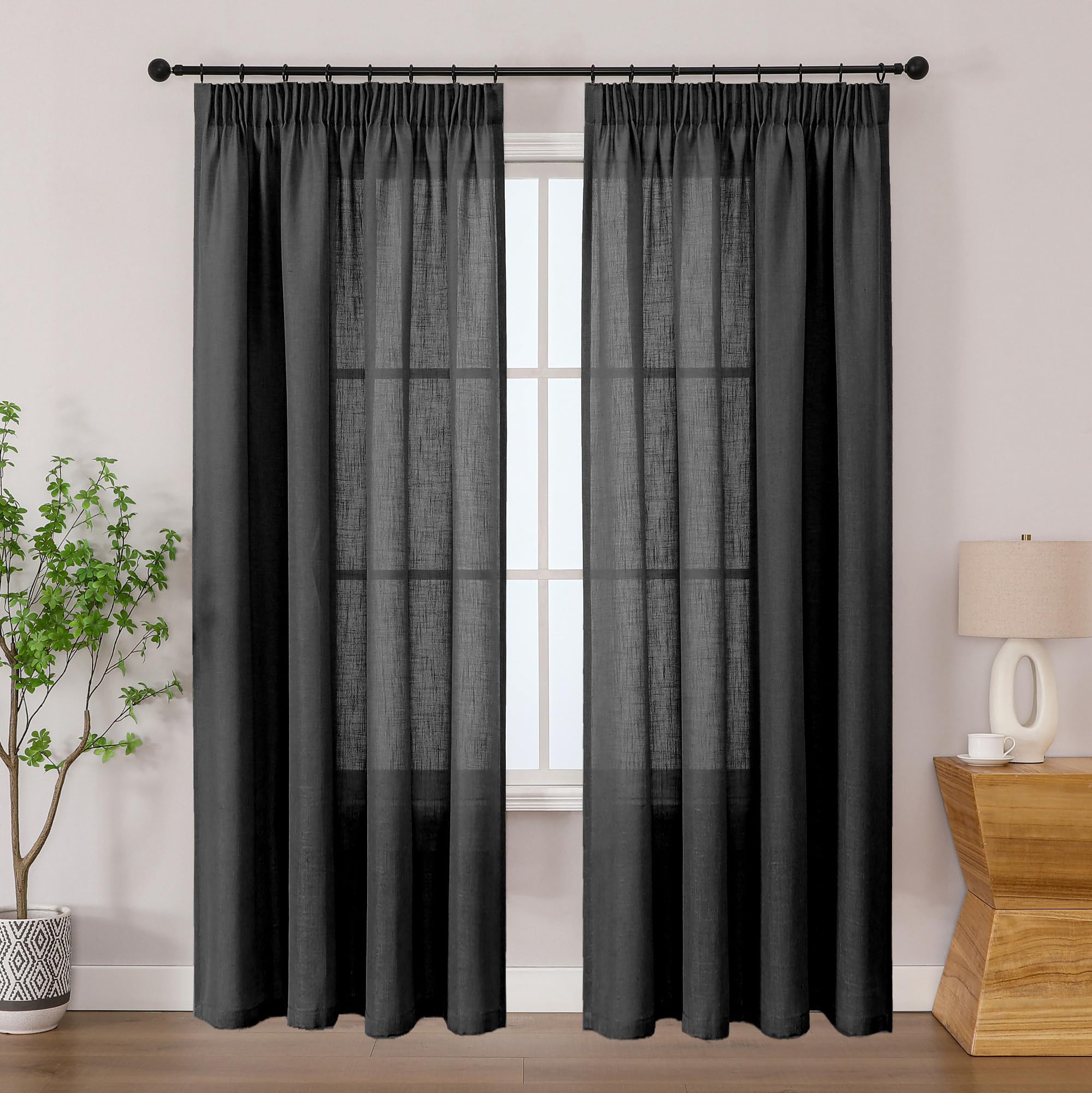 Simplebrand Black Linen Blend Pencil Pleat Curtains, Light Filtering Semi-Sheer Textured Window Drapes for Privacy, 2 Panels for Bedroom, Living Room & Dining Room, W140 x L183 cm