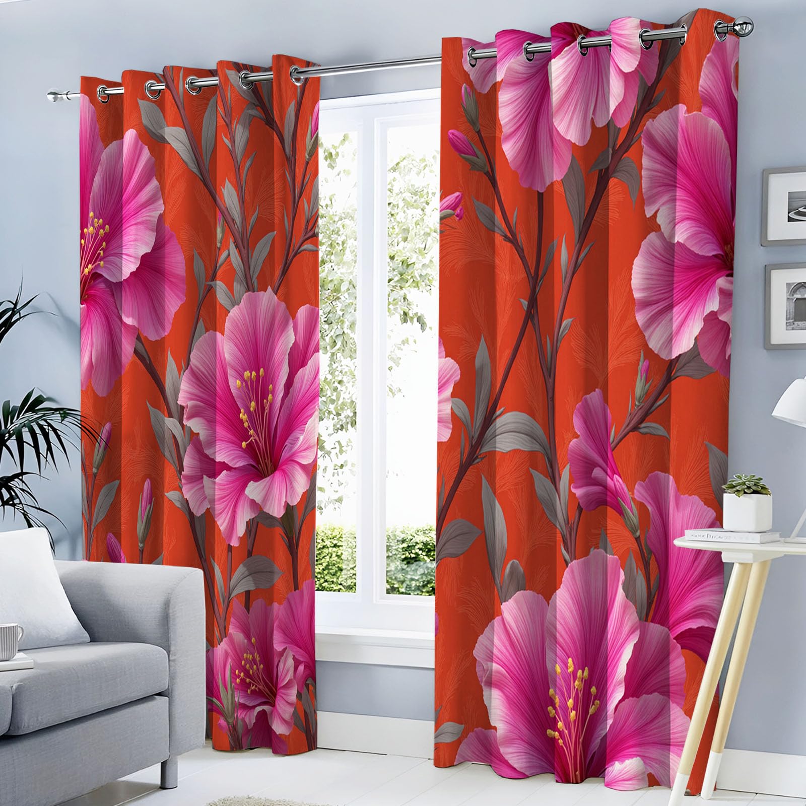 Rideau fleur rouge clair isolant thermique et occultant 3D