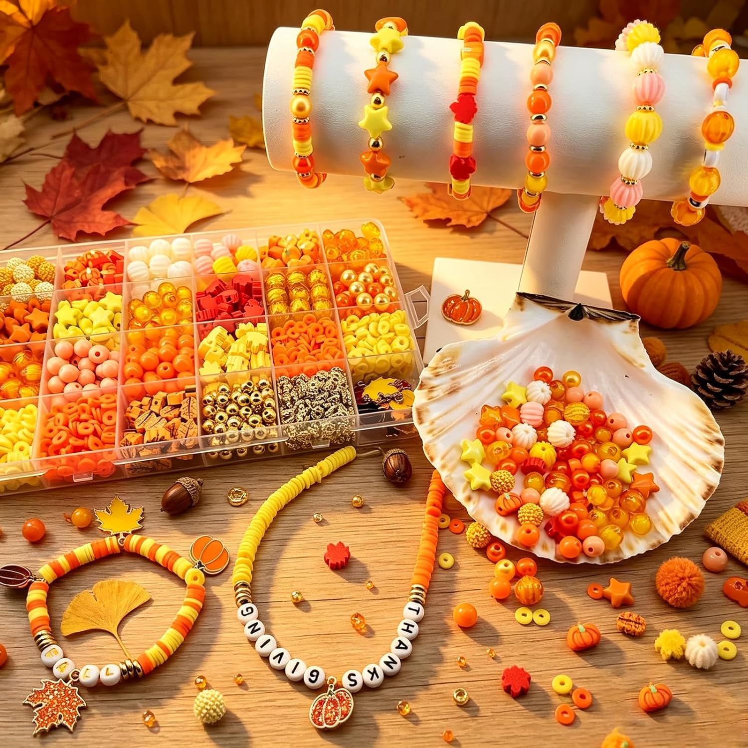 1470Pcs Fall Bracelets Kit - Thanksgiving Fall Beads for Jewelry Making - Autumn Maple Leaf Pumpkin Clay Beads Pearl Star Round Loose Spacer Heishi Beads for Necklace Earrings DIY Craft