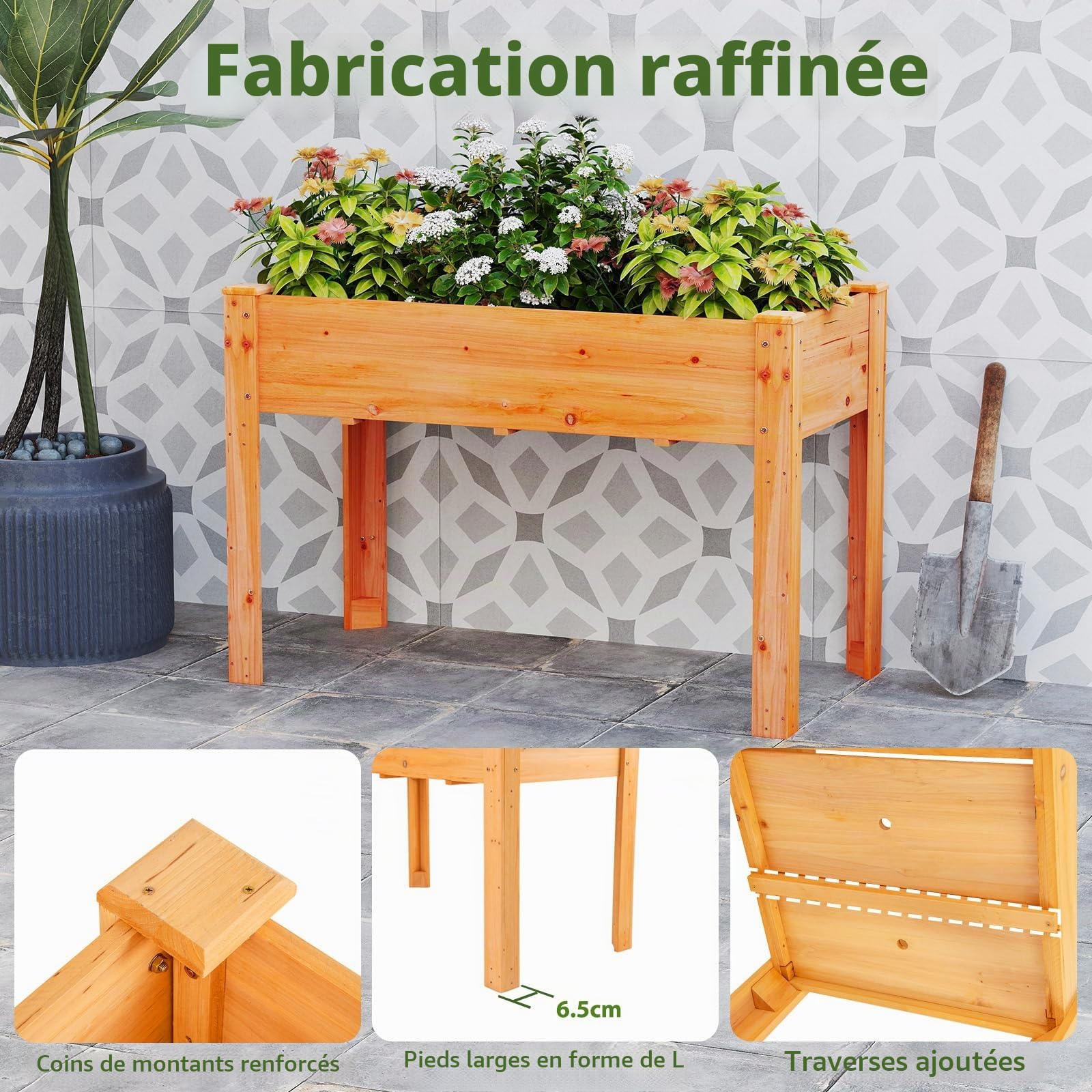 GOPLUS Carré Potager sur Pieds en Bois de Sapin, Jardinière Surélevée Extérieure avec Trou de Drainage, pour Fleurs, Légumes et Fruits, 120,5x60,5x81,5CM (Orange)