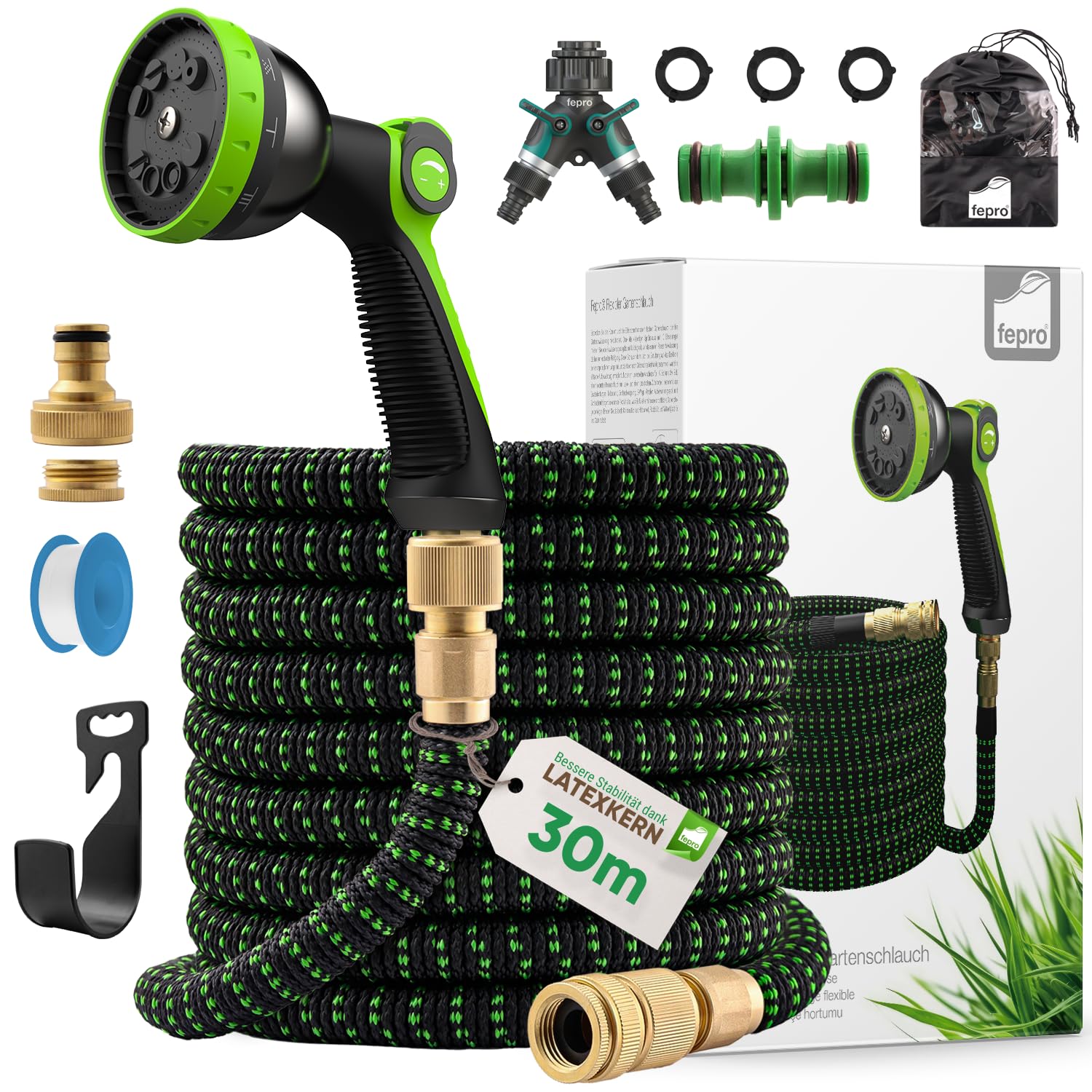 Flexibler Premium Gartenschlauch, Wasserschlauch Flexibel mit 3-Fach Latexkern, Dehnbarer FlexiSchlauch, Alle Verschraubungen aus Hochwertigem Messing (ausgedehnt 30m)