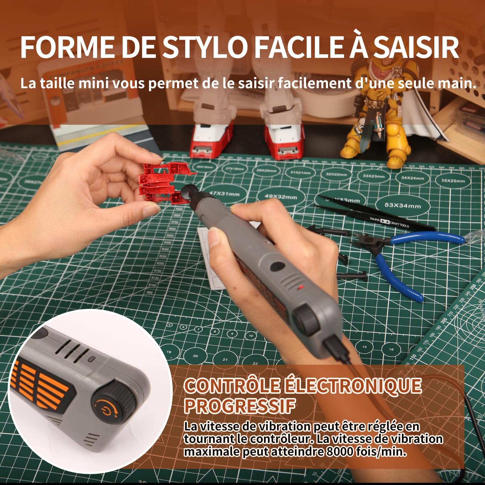 Stylo ponceur sans fil, vitesse variable et chargement USB avec lumière LED, outil électrique polyvalent pour le ponçage, le polissage, la finition, le bricolage (GRIS)