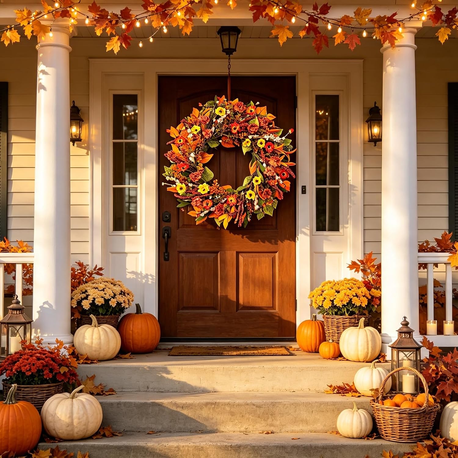 22 Inch Fall Wreaths for Front Door – Artificial Daisy Forsythia Flower Wreath with Eucalyptus & Boxwood Leaves, Berry Clusters, Rustic Farmhouse Thanksgiving Decor for Porch, Wall, Entryway