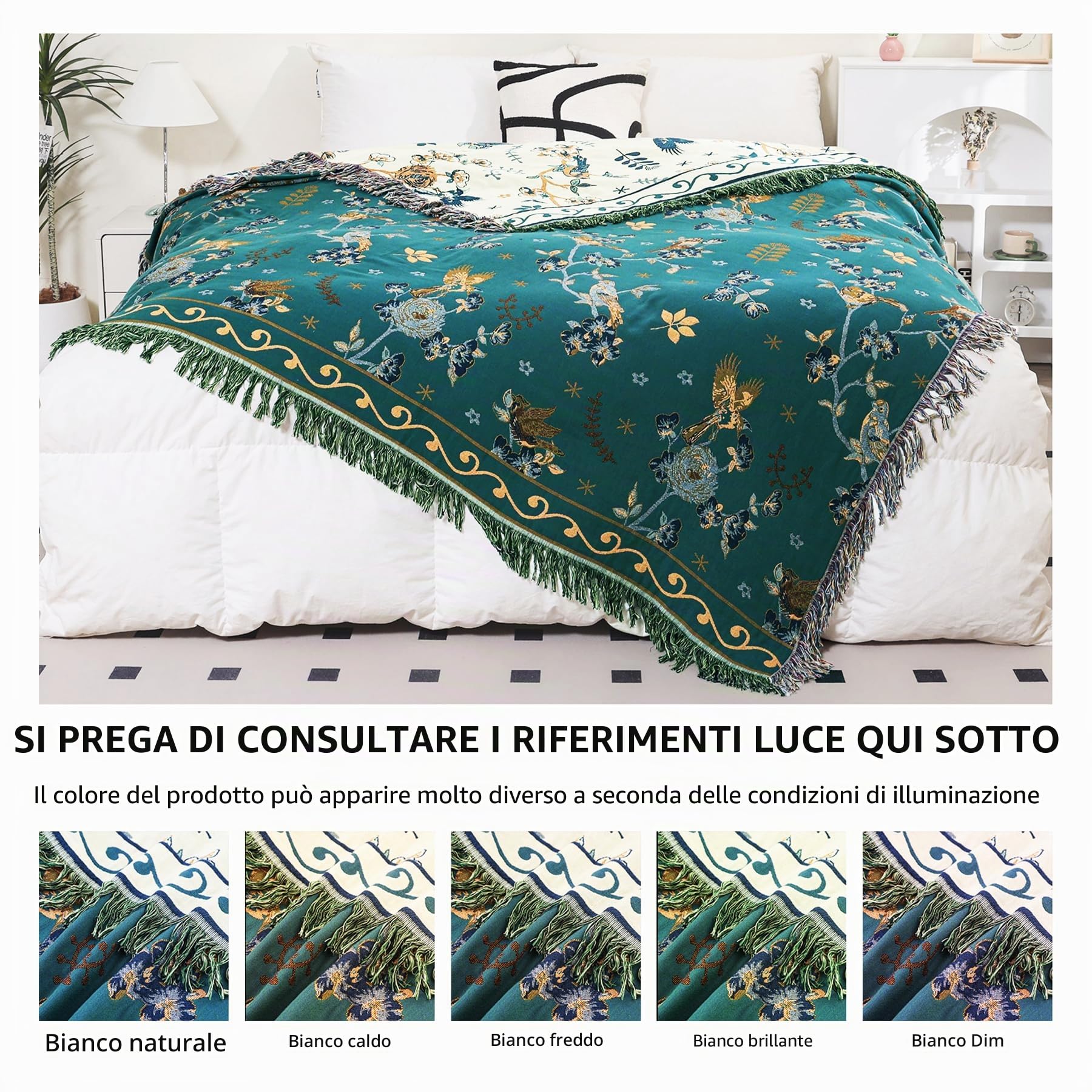 VANJOROY Coperta per Divano e Letto Grande in 100% Cotone Organico con Motivo Floreale di Uccelli - 130x150cm, Coperta Morbida Doppio Lato Stile Bohémien per Poltrona Singola a 2 Posti, Tappeto da