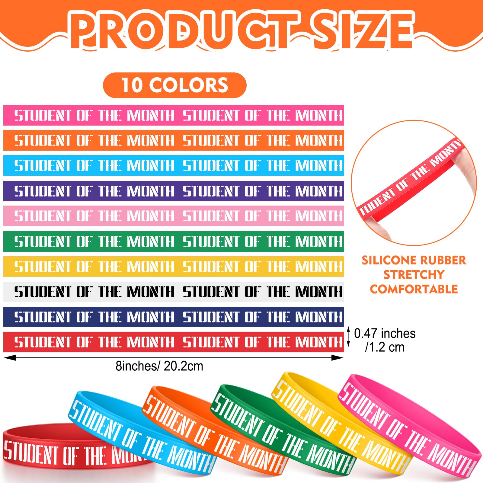 Cunno 100 Pcs Student of The Month Silicone Wristbands 10 Assorted Color Reward Rubber Bracelets for School Classroom Recognition Award Birthday Party Supplies