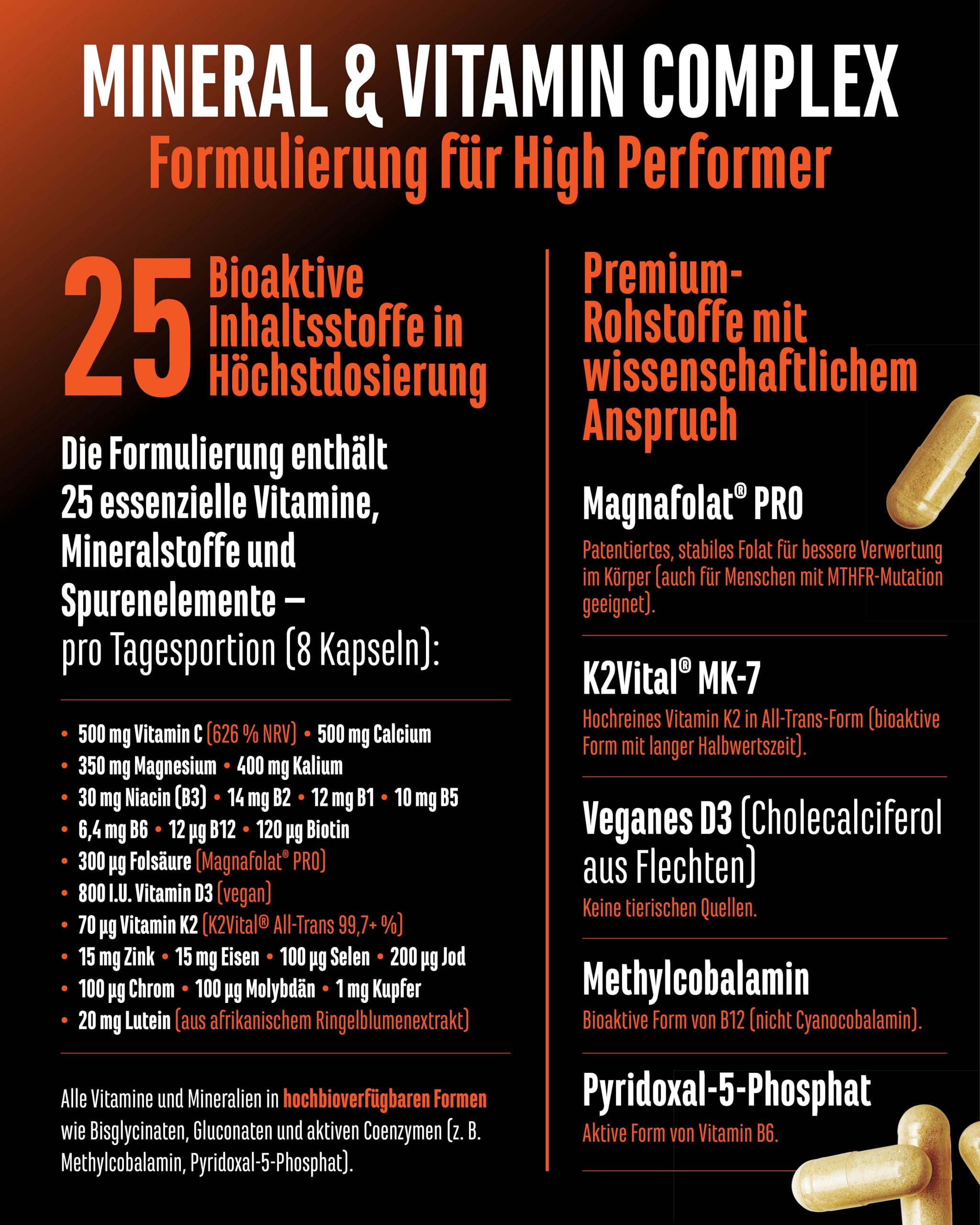 ALL IN ONE Mineral & Vitamin Complex - 25 bioaktive Vitamine, Mineralstoffe & Spurenelemente - Mit Magnafolat® PRO, K2VITAL® MK-7 & Methylcobalamin - Hochdosiert - Vegan - 240 Kapseln