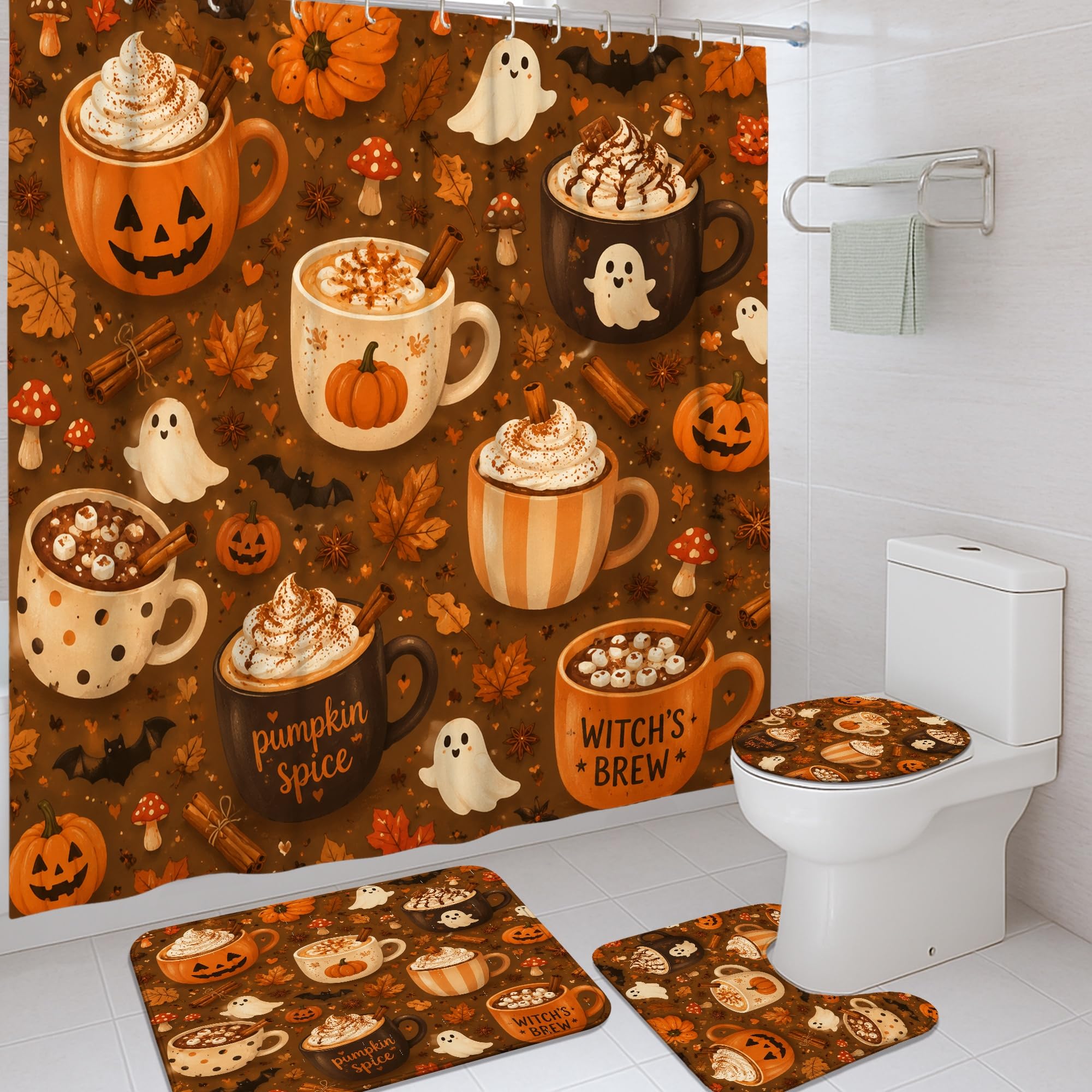 Rideau de douche anti-éclaboussures avec tapis de bain absorbant Halloween