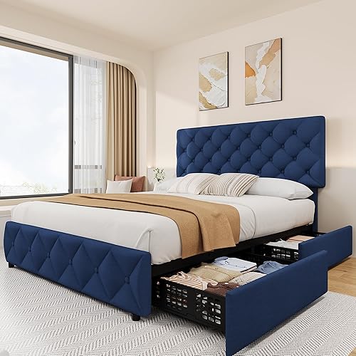 IDEALHOUSE Base de cama tamaño Queen con 4 cajones de almacenamiento y cabecera ajustable, camas de plataforma tapizadas con tapizado de rombos para