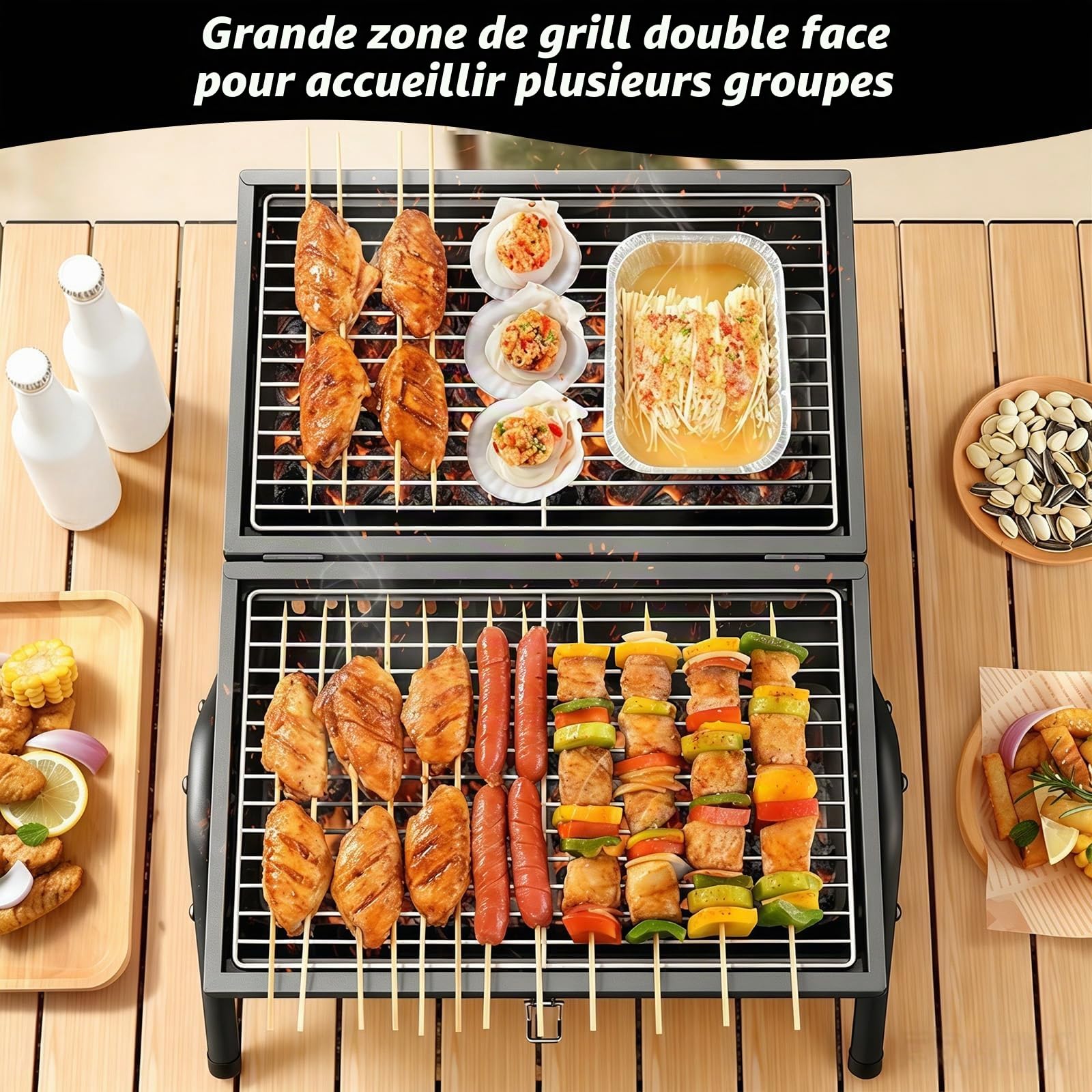 Barbecue au charbon de bois double face portable - Petit barbecue au charbon de bois pour griller et rôtir - Barbecue de table léger pour l'extérieur, le camping, le pique-nique