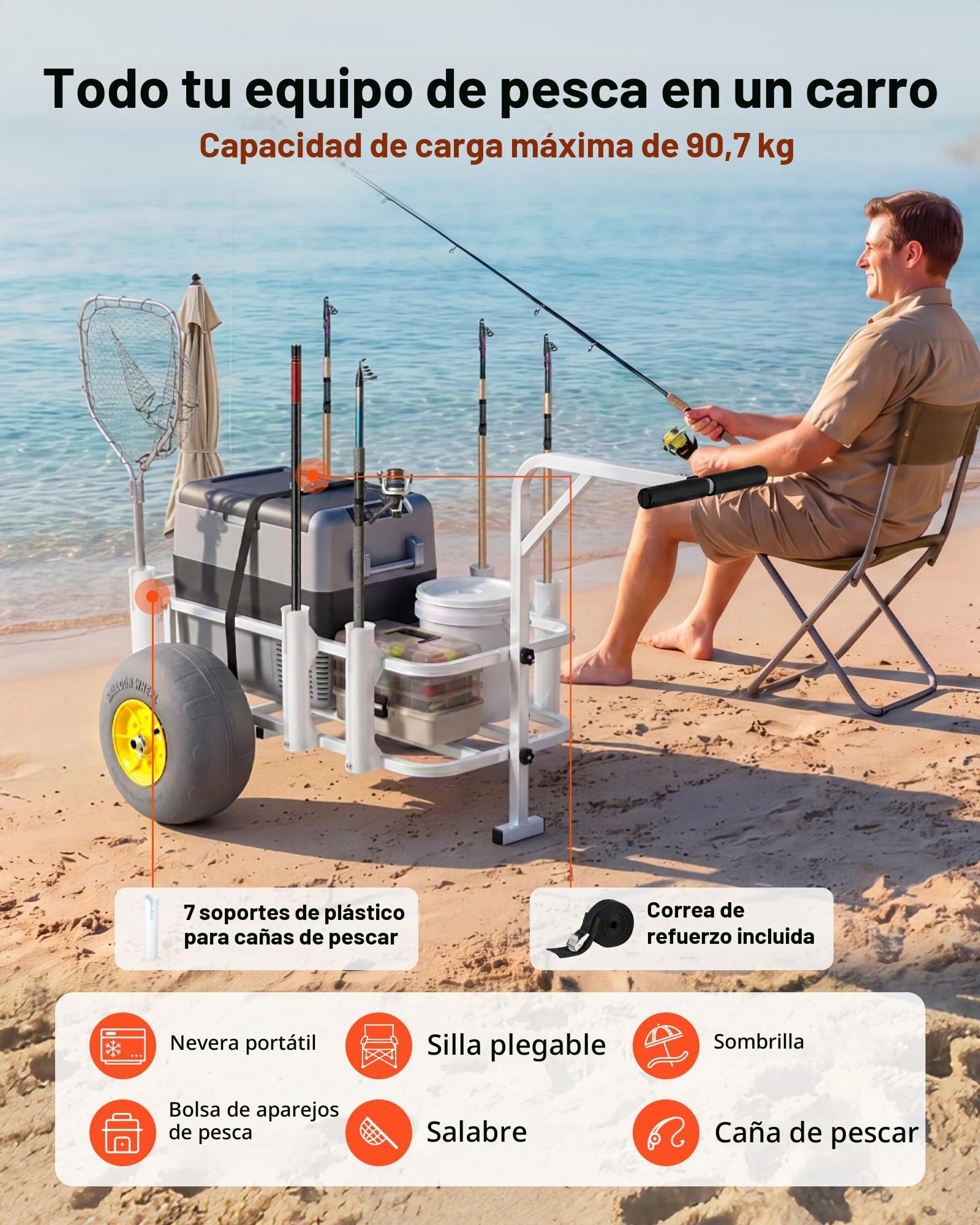 VEVOR Carro de Pesca para Playa con Ruedas Inflables de PU 330mm Portacañas