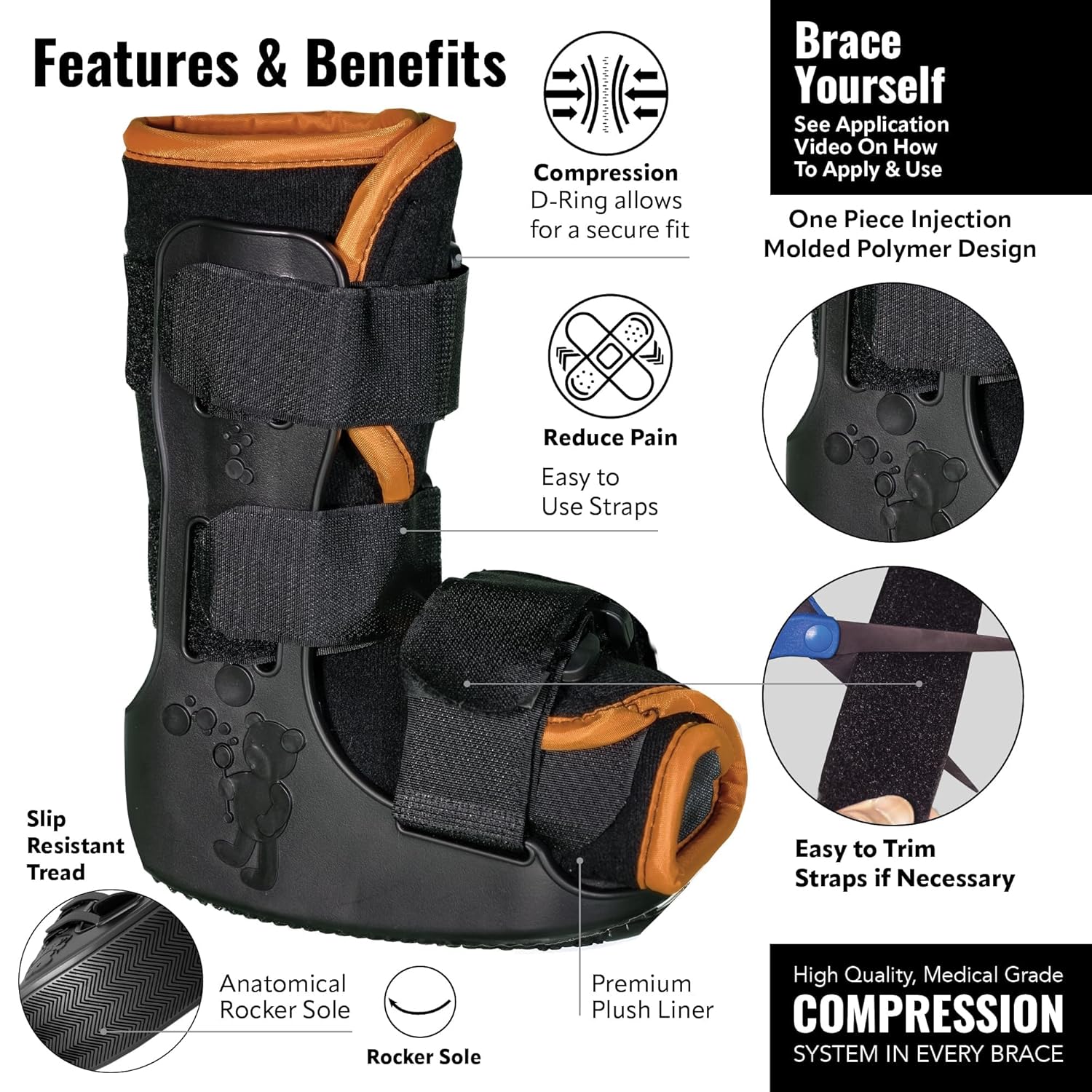 Pediatric Buddy Boot, Kids Medical Grade Left/Right Foot & Ankle Support Brace, Sprain & Injury Recovery Walker Boots, Kids Ankle Brace for Sports and Recovery, Small Orange Liner, Black