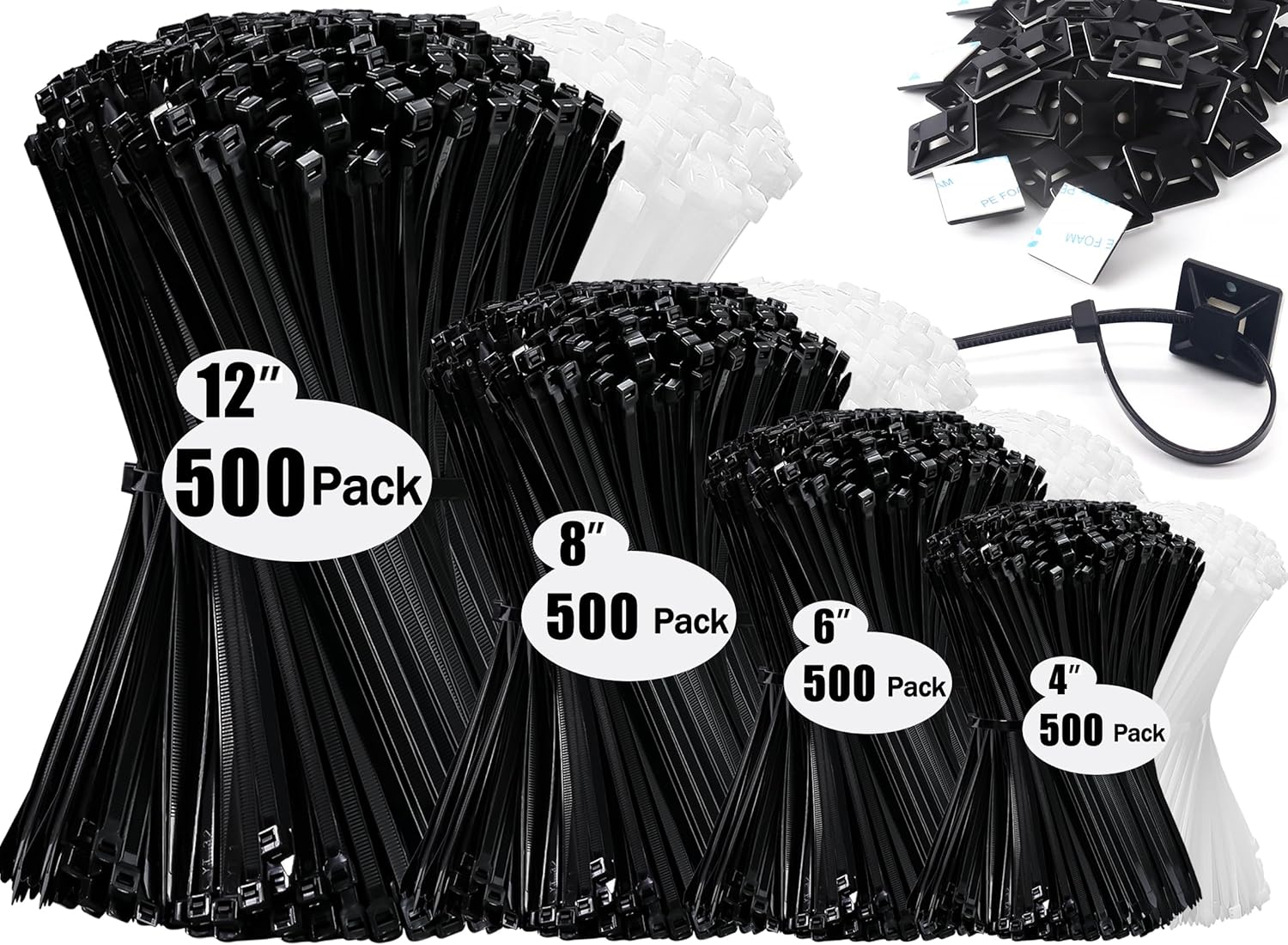 Zip Wire Ties 2100 Pack Small Cable Zip Ties with Cable Mounts Nylon Zip Cable Ties Assorted Sizes 4+6+8+12 Inch, Self-Locking Tie Wraps, UV Resistant Nylon Cable Ties for Indoor and Outdoor