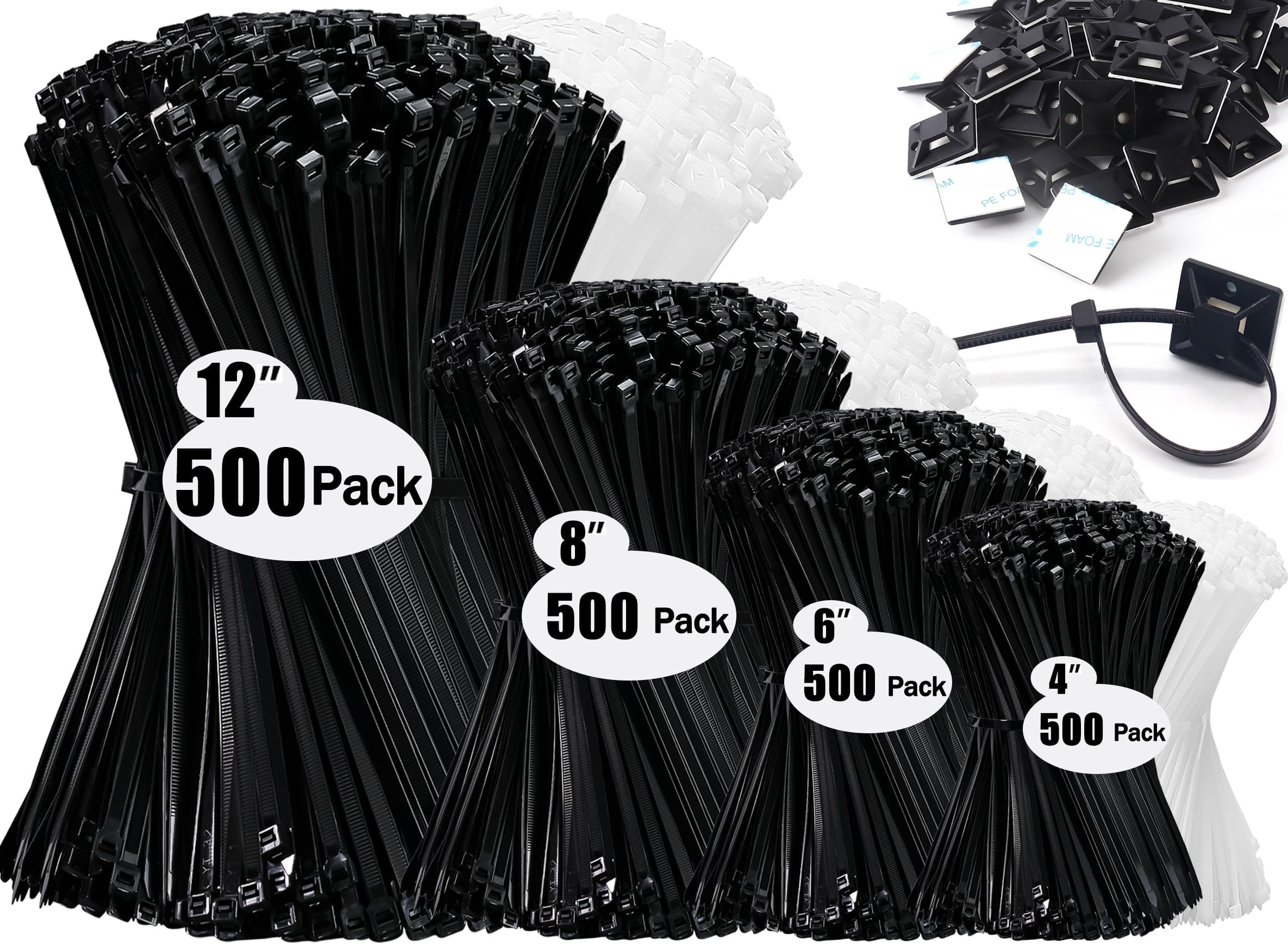 Zip Wire Ties 2100 Pack Small Cable Zip Ties with Cable Mounts Nylon Zip Cable Ties Assorted Sizes 4+6+8+12 Inch, Self-Locking Tie Wraps, UV Resistant Nylon Cable Ties for Indoor and Outdoor