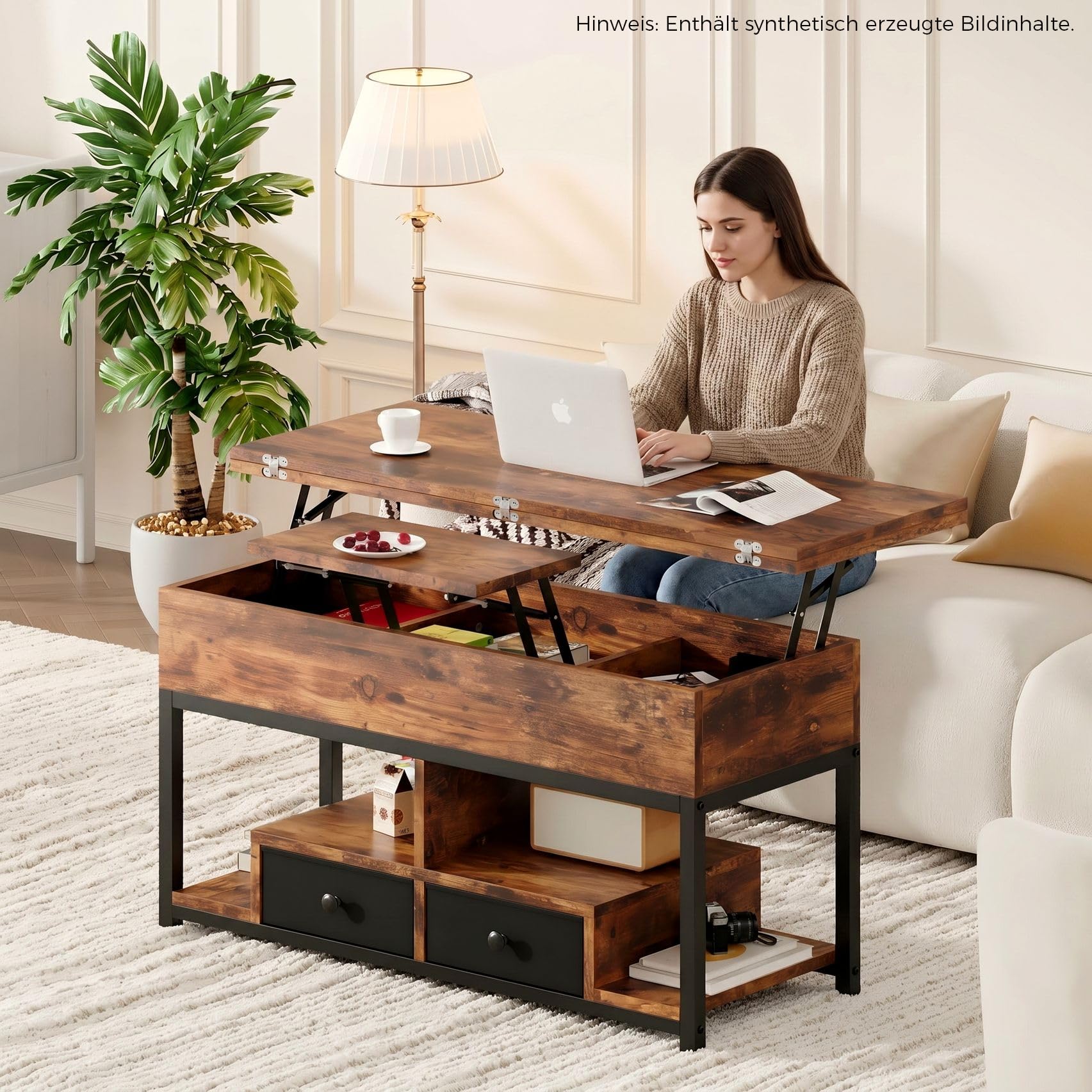 IRONCK Couchtisch Höhenverstellbar, LED Wohnzimmertisch mit Steckdosen, 2AC+USB+USB‑C, Kaffeetisch Holz, 2 Schubladen, Umwandelbar Esstisch 100×80cm (Vintagebraun)