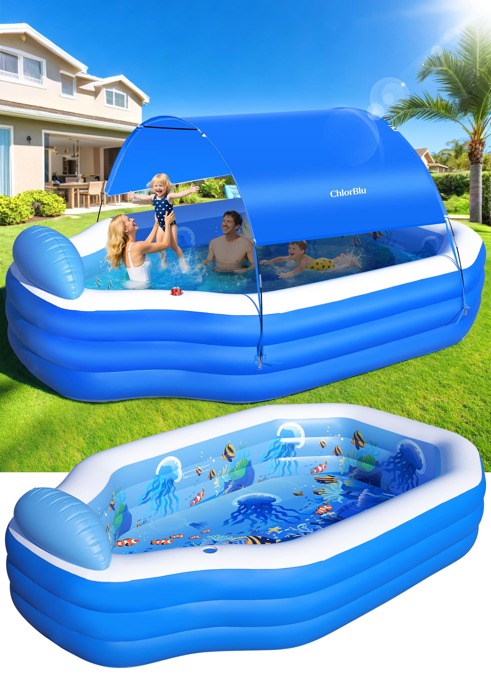 ChlorBlu Piscina Hinchable Grande con Toldo, 300x190x55cm Piscina Hinchable Adultos, Piscinas Hinchable Rectangular Resistentes y Gruesas, Piscinas Hinchable Familiar para Jardín Exterior