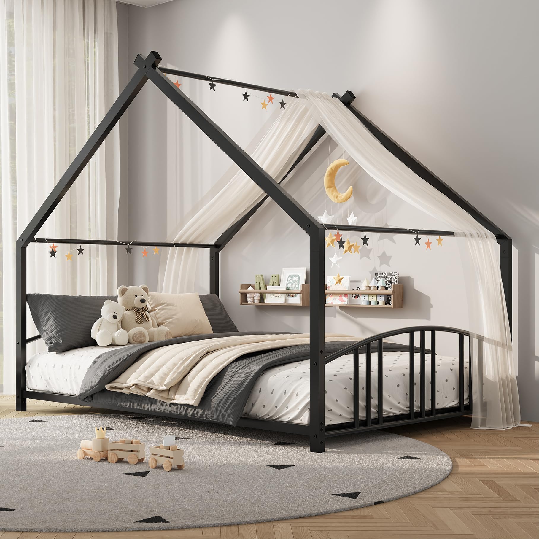 Garvee Twin Size House Shape Bed Frame with Rail, Black
