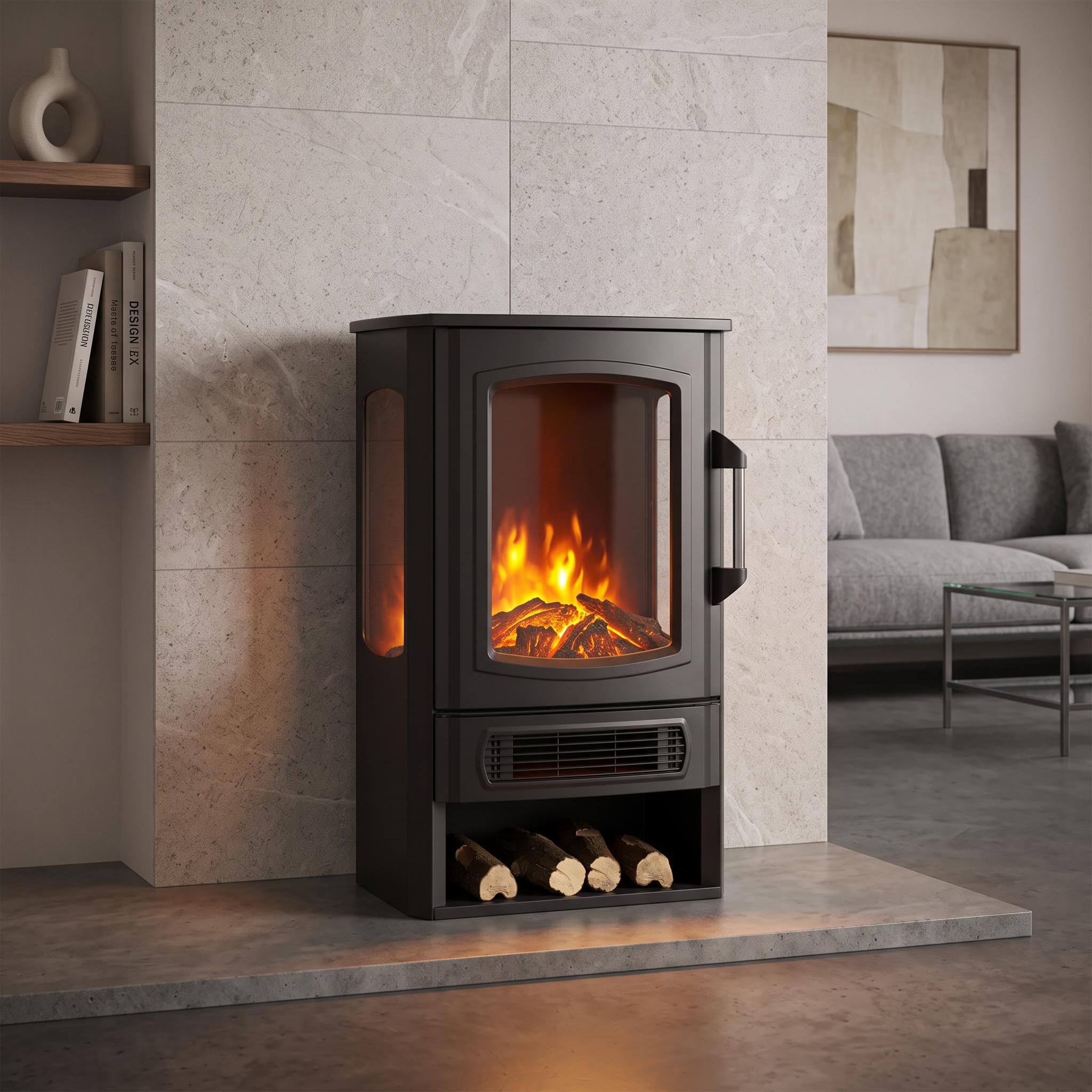 Electric Log Burner, 1000W/2000W Adjustable Thermostat Electric Fireplace