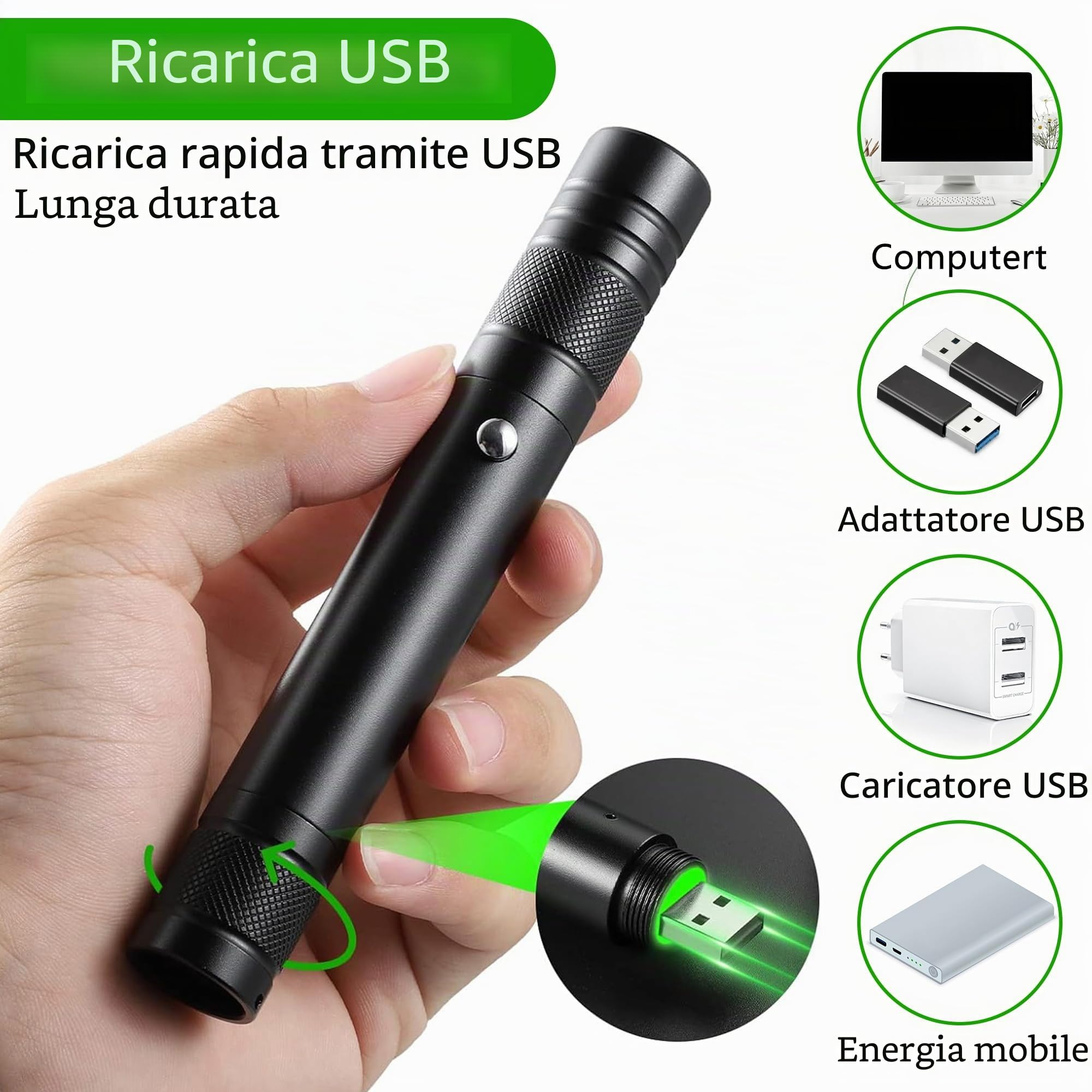 Torcia a LED con luce verde – potente puntatore verde con cappuccio a 2 stelle intercambiabile, indicatore ricaricabile USB, penna da presentazione per astronomia, edilizia, attività