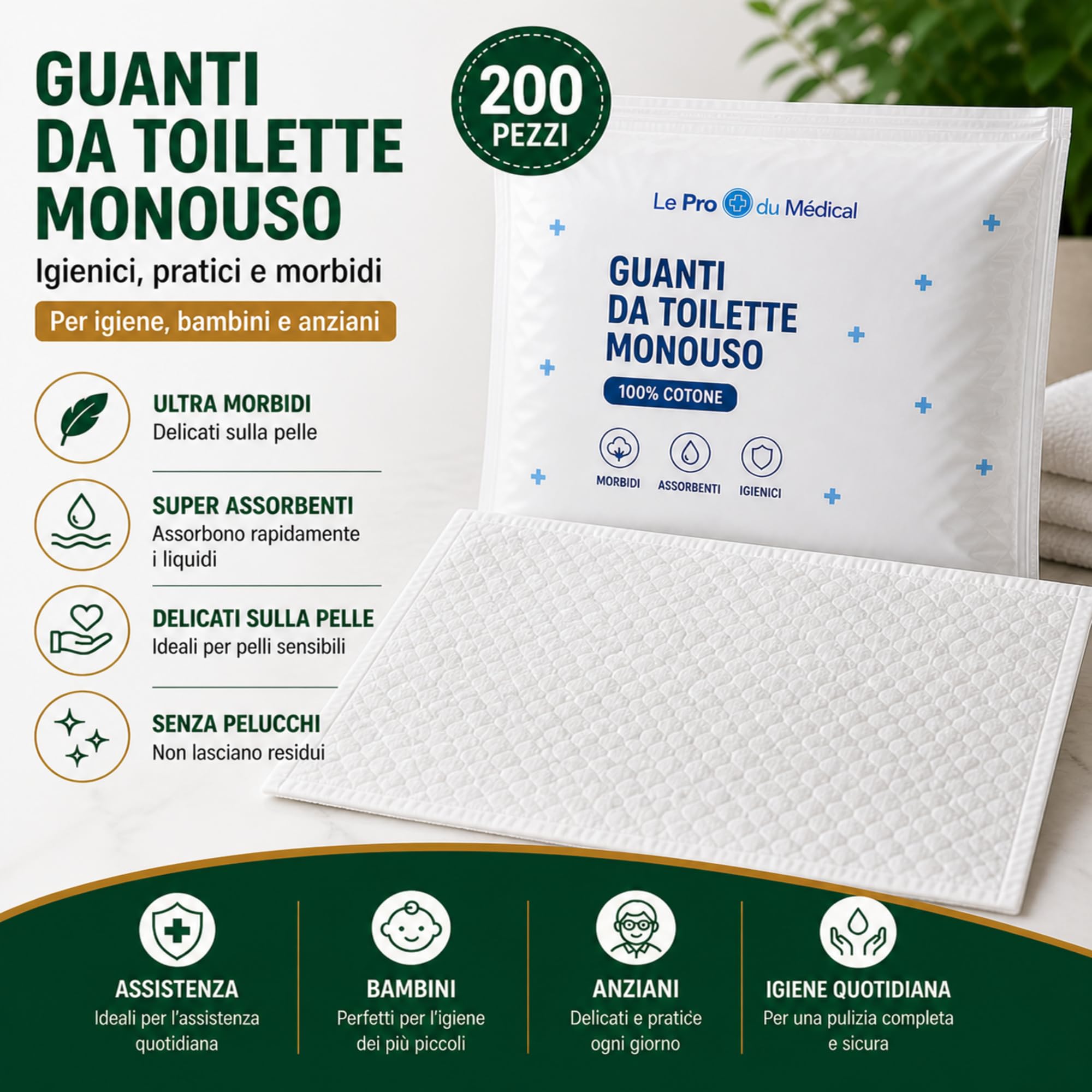 200 Guanti da Bagno Usa e Getta Ultra Morbidi - Non Tessuti Imbottiti - Per Cura Medica e Igiene - Bianchi - Le Pro del Medicale