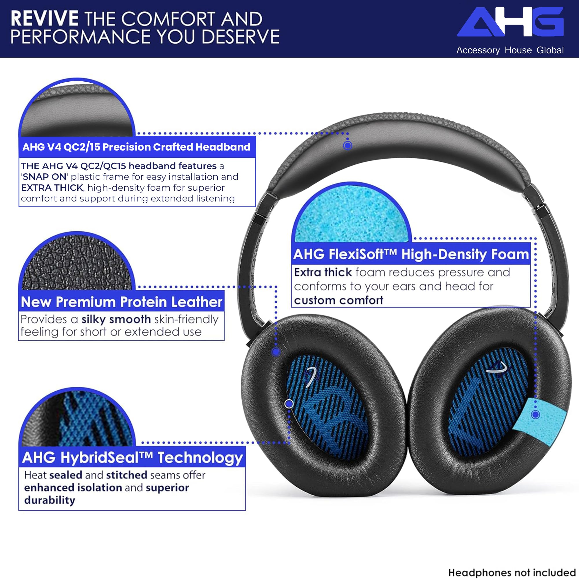 AHG Accessory House Global QC2 QC15 Ear Pads and QC2 QC15 Headband pad Cushion. Compatible with Bose QuietComfort 15 (QC15) and Bose QuietComfort 2 (QC2) Headphones. Easy DIY Fit/Extra Thick