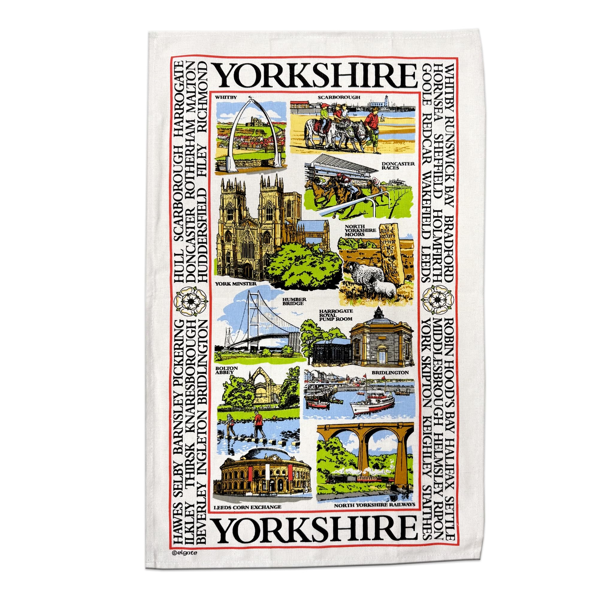 Elgate White Yorkshire Sights Souvenir Tea Towel Gift Scenes Landmarks Collage Montage
