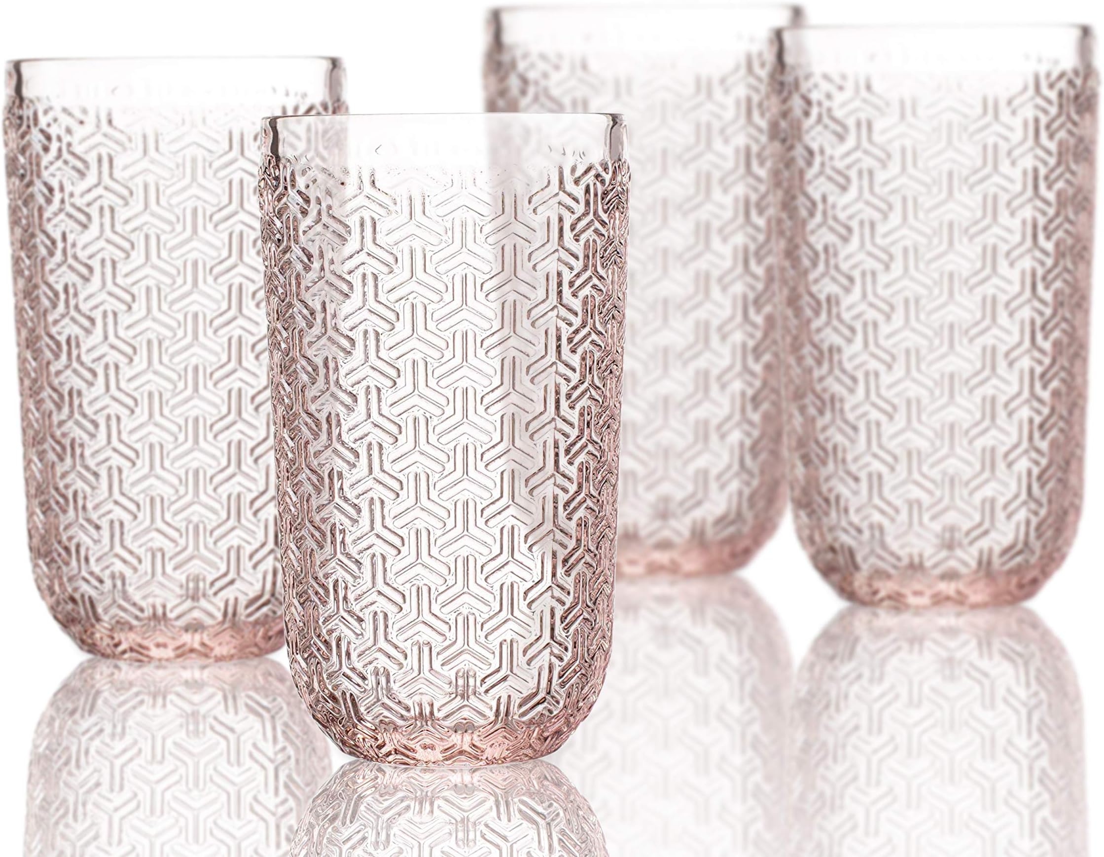 Elle Decor 229806-4HBPU Bistro Key 4 Piece Set Highball, Glass Elegant Barware and Drinkware, Dishwasher Safe, 14 oz., Pink