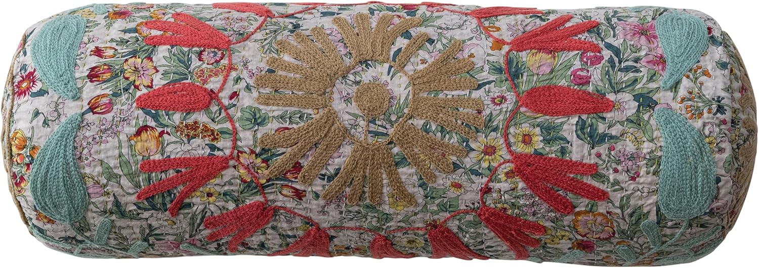 Creative Co-Op Stonewashed Cotton Voile Bolster Pillow with Suzani Pattern and Hand-Embroidered Kantha Stitch, Multicolor