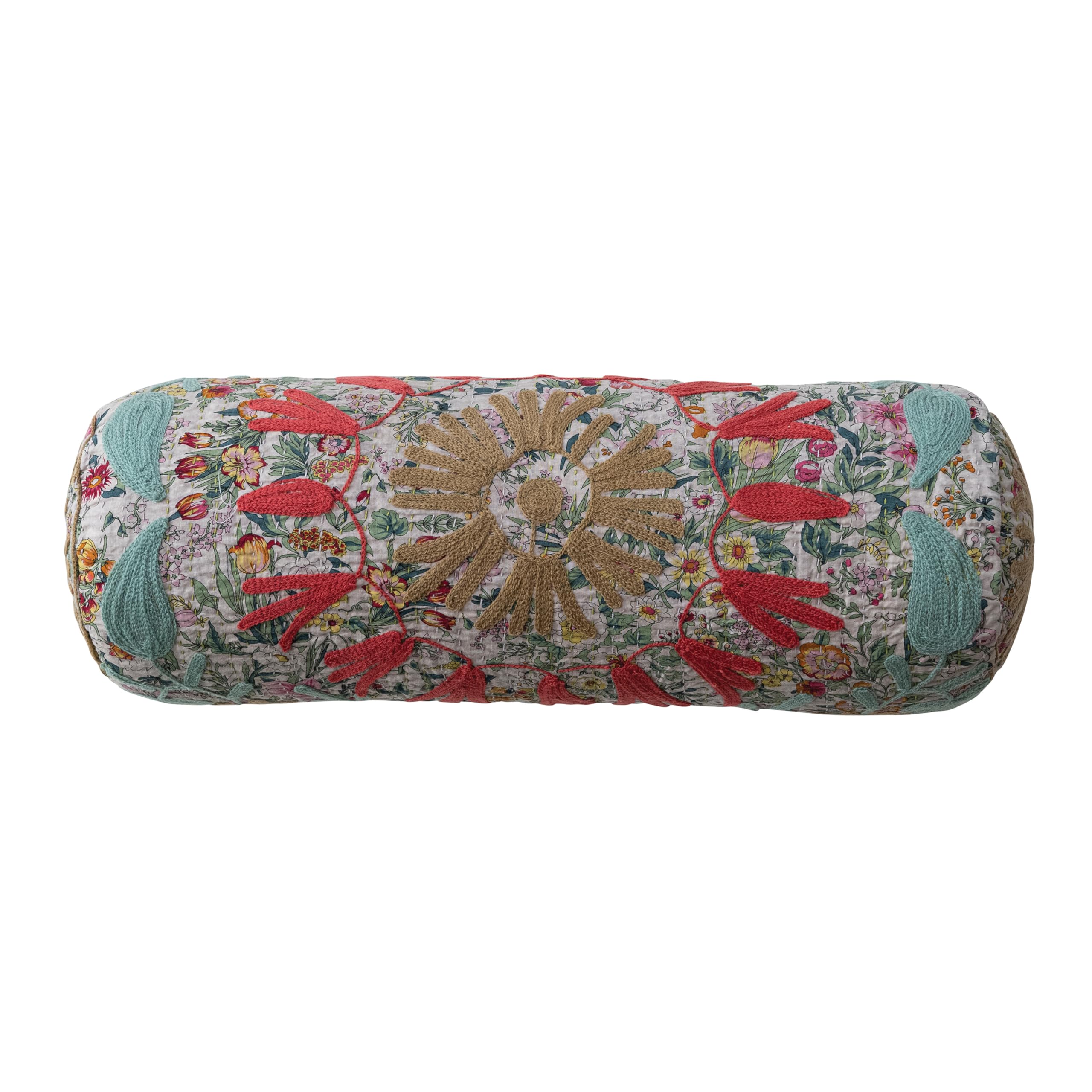Creative Co-Op Stonewashed Cotton Voile Bolster Pillow with Suzani Pattern and Hand-Embroidered Kantha Stitch, Multicolor