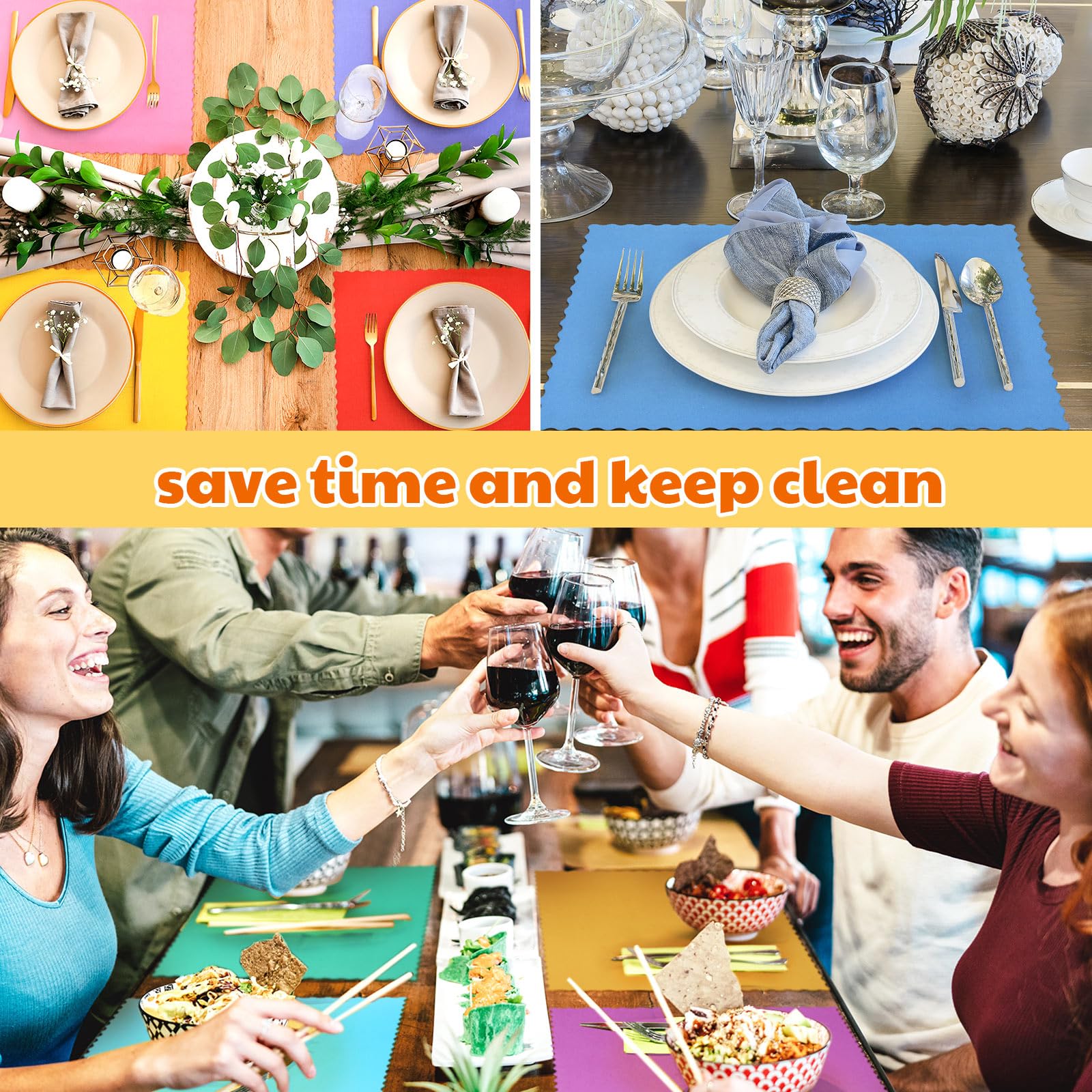 Panelee Bunte Einweg-Tischsets aus Papier, 25,4 x 35,6 cm, Regenbogen-Papier-Tischsets mit dekorativem gewelltem Rand, blanko, Tischmatten für Ostern, Hochzeit, Catering, Esszimmer, Party, 120 Stück