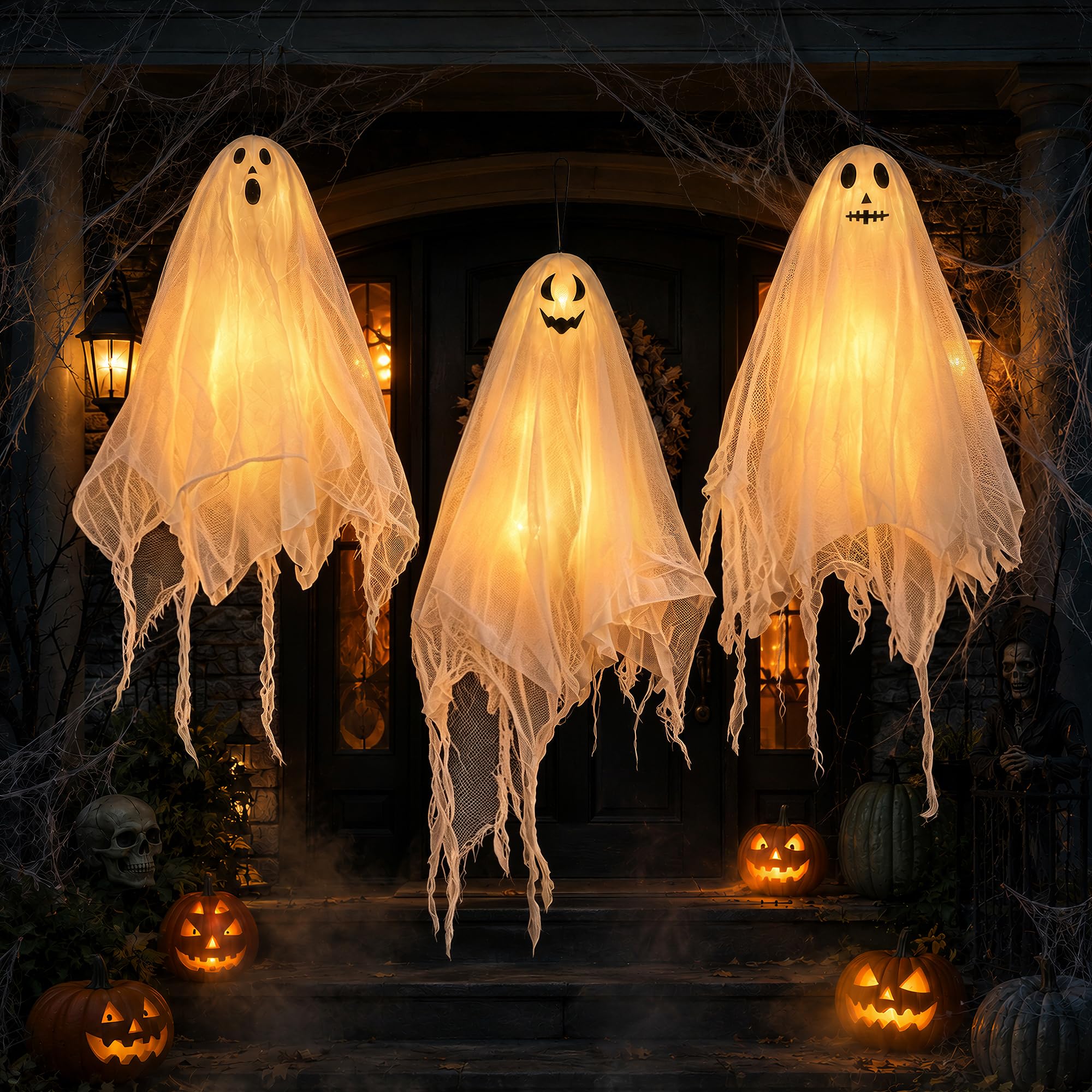 LED-Hängende Halloween-Geister (3er-Set), je ca. 56 cm, warmweiß
