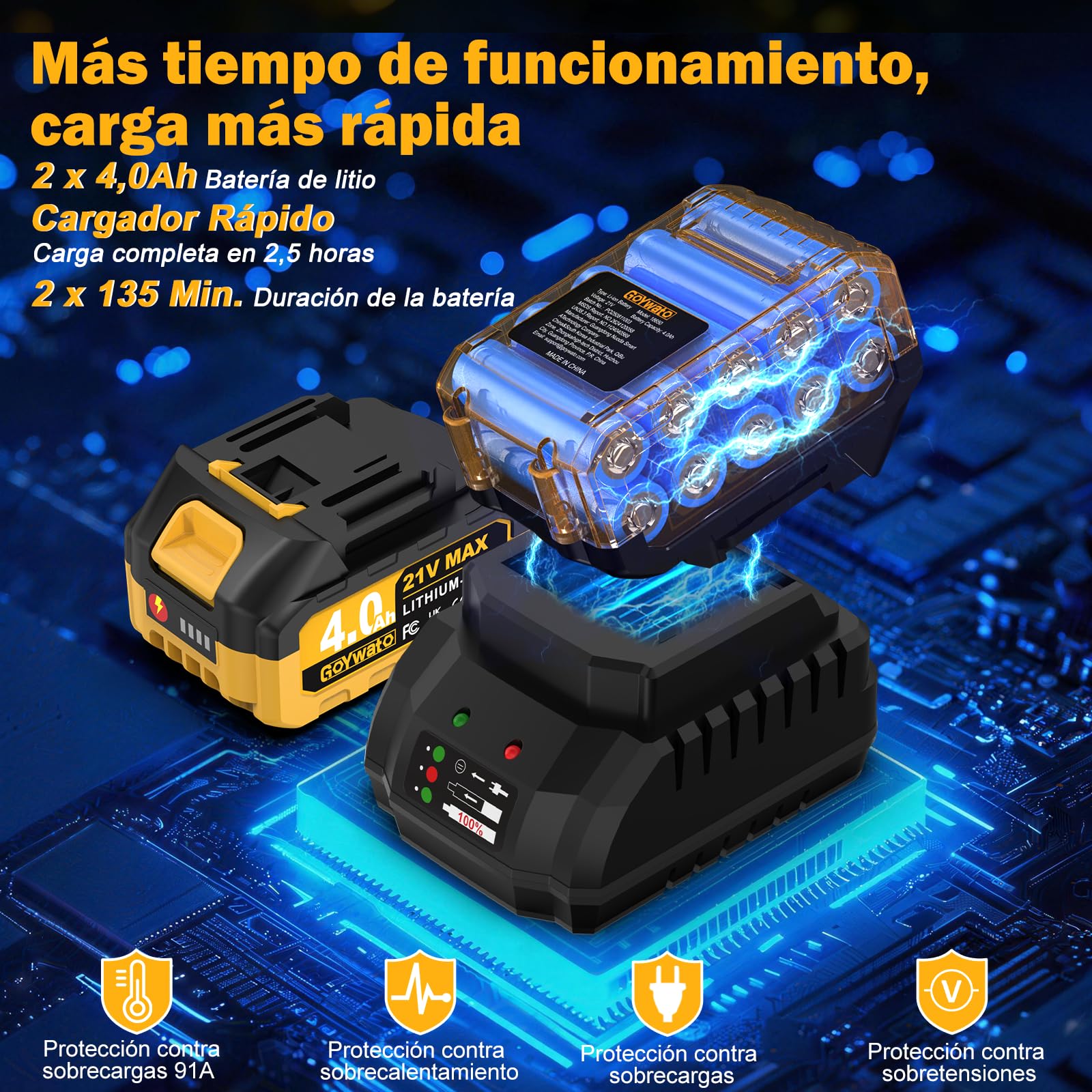 Taladro Percutor Bateria 140Nm - 21V 2300rpm Sin Escobillas Max Taladro Atornillador Batería con 2 Baterías 4,0Ah y 42PCS Accesorios, 20+3 Ajuste de Par, 13mm Portabrocas, 2 Velocidad, LED Luz