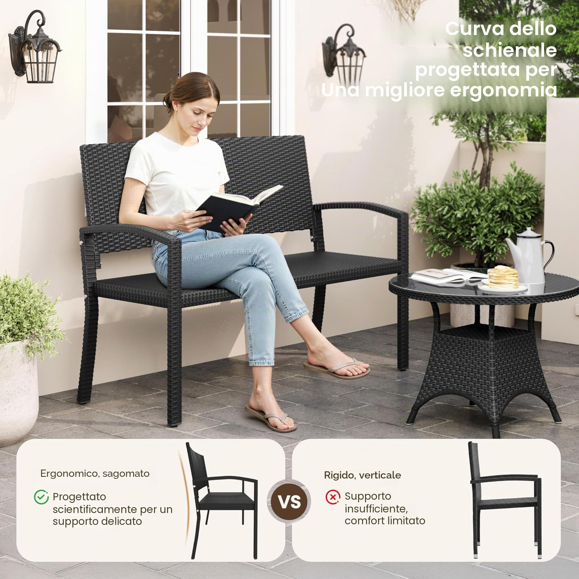 Yaheetech Panchina in Polyrattan da Giardino per 2 Persone Panca da Esterno Impermeabile con Schienale e Braccioli per Balcone Terrazza 121,5 × 62 × 89 cm Nero