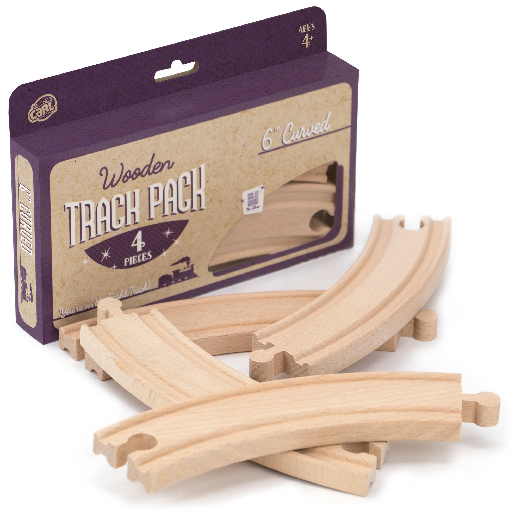 Four (4) Pcs of 6 Inch Curved Wooden Train Tracks compatible with THomas the Tank Engine. Made by Conductor Carl