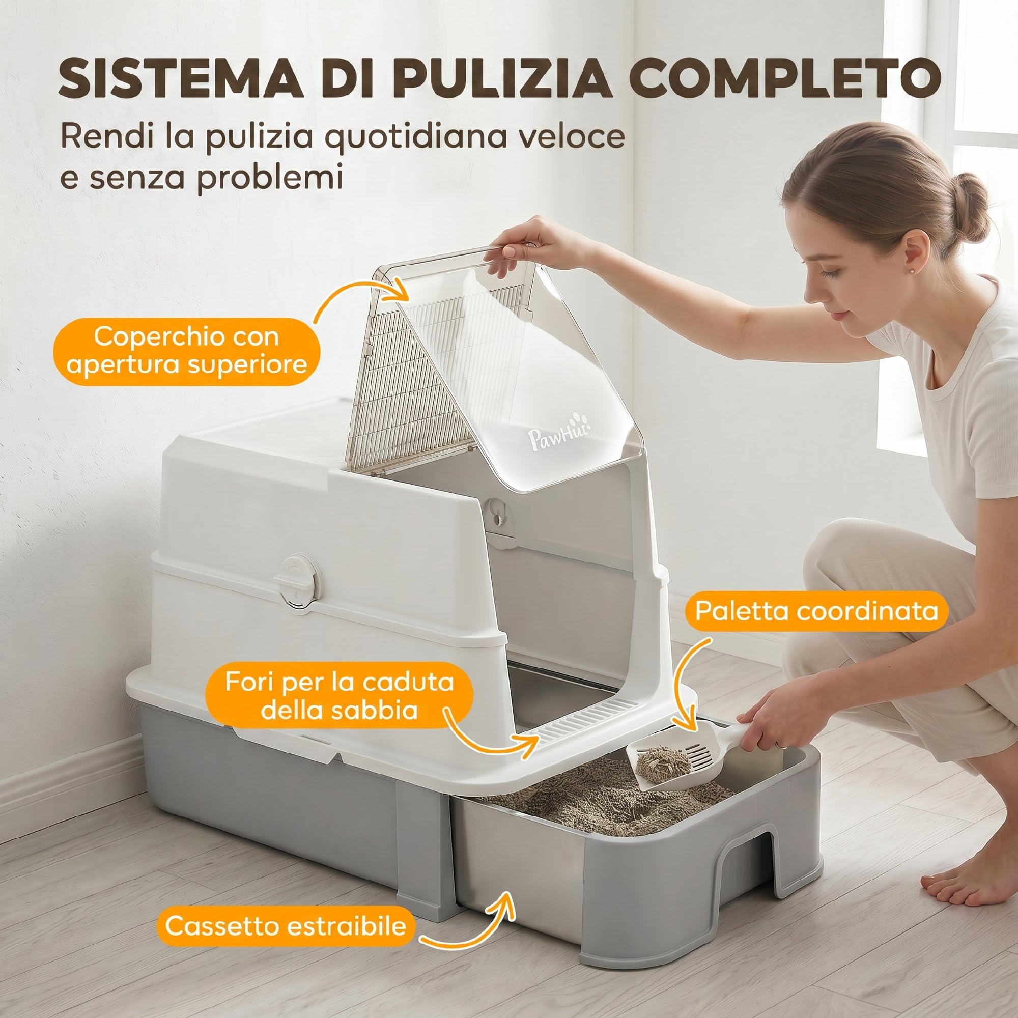 PawHut Lettiera Gatto Chiusa XL in Acciaio Inox con Coperchio 68L Grigio | 3 in 1 Toilette per Gatti, Vassoio Estraibile, Paletta, Pareti Alte, Antiperdita, Antiodore, Facile da Pulire