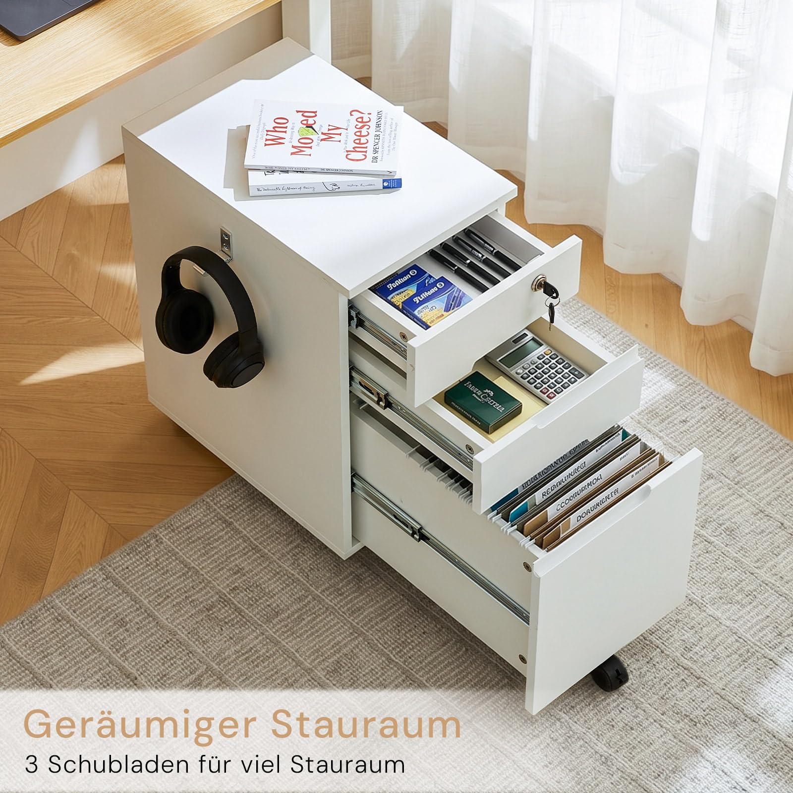 CLIPOP Caisson Mobile verrouillable, Meuble de classement sur roulettes (5 roulettes) avec 3 tiroirs, pour dossiers Suspendus A4/Letter, Meuble sous Bureau pour Bureau et télétravail, Blanc