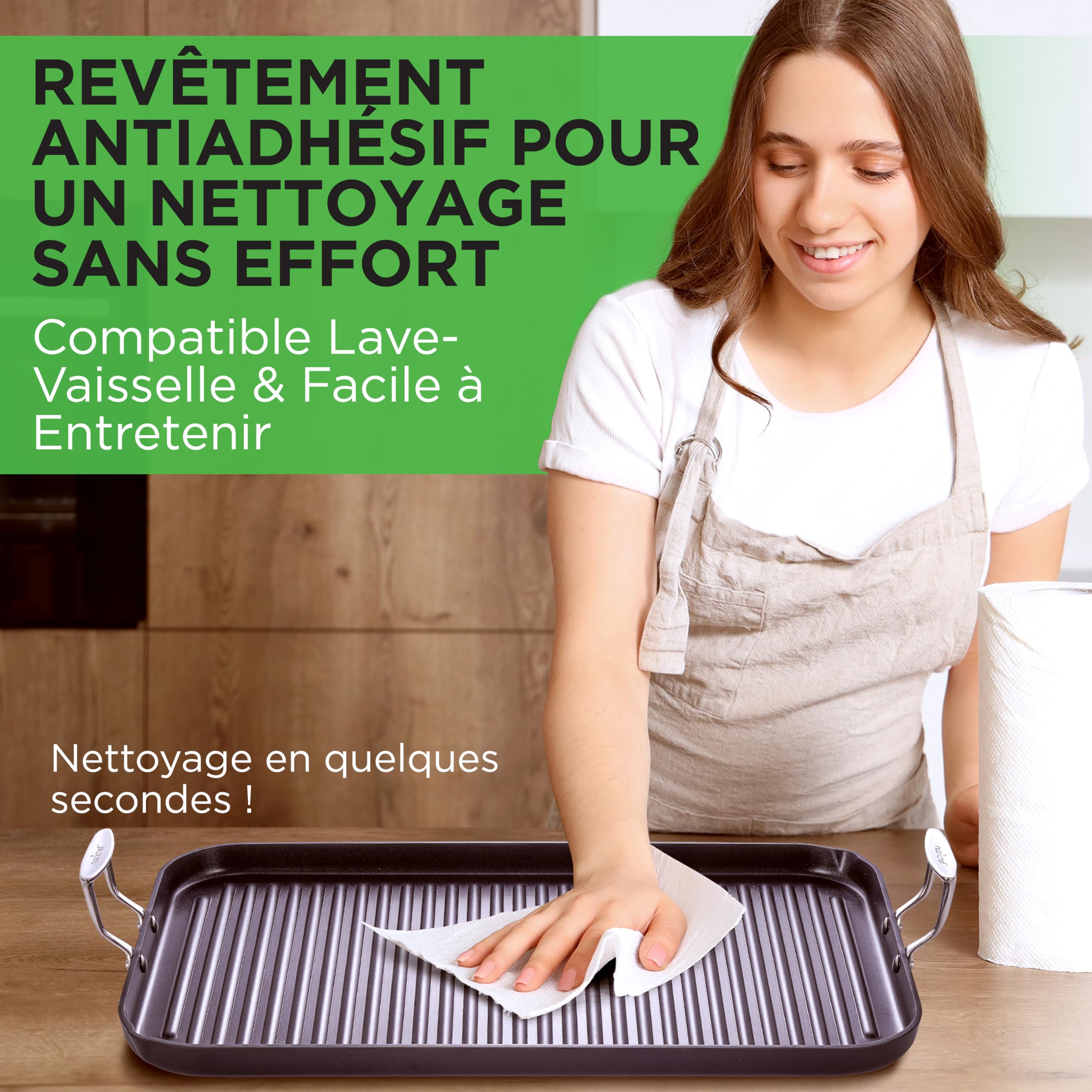 NutriChef Poêle Grill 50,8 cm x 33 cm pour Cuisinière-Double brûleur- Poêle en Fonte- Plaque Chauffante Antiadhésive en Fonte Anodisée Dure, Noir