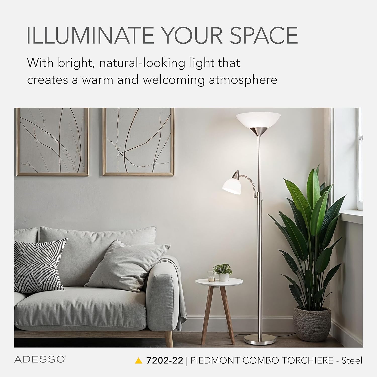 Adesso 7202-22 Piedmont 300W Combo Torchiere, 71 in, 2 x 150 W Incandescent/equiv. LED & 60W Incandescent Reading Light, Brushed Steel, 1 Floor Lamp