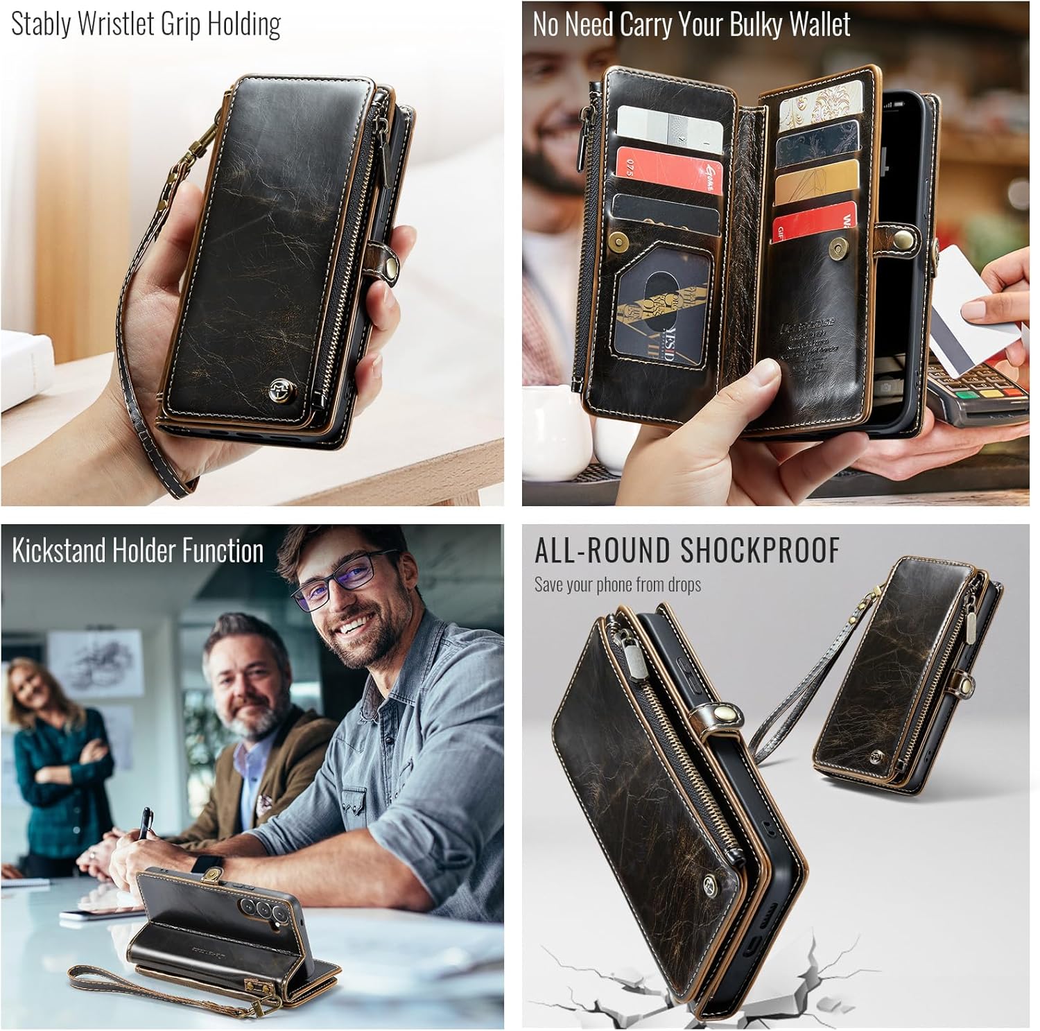 Defencase for Galaxy S25 Plus/S25+ Case Wallet with RFID Blocking Card Holder for Women Men, Elegant Leather Magnetic Snap Flip Strap Zipper Wallet Phone Cases for Samsung Galaxy S25 Plus 6.7", Coffee