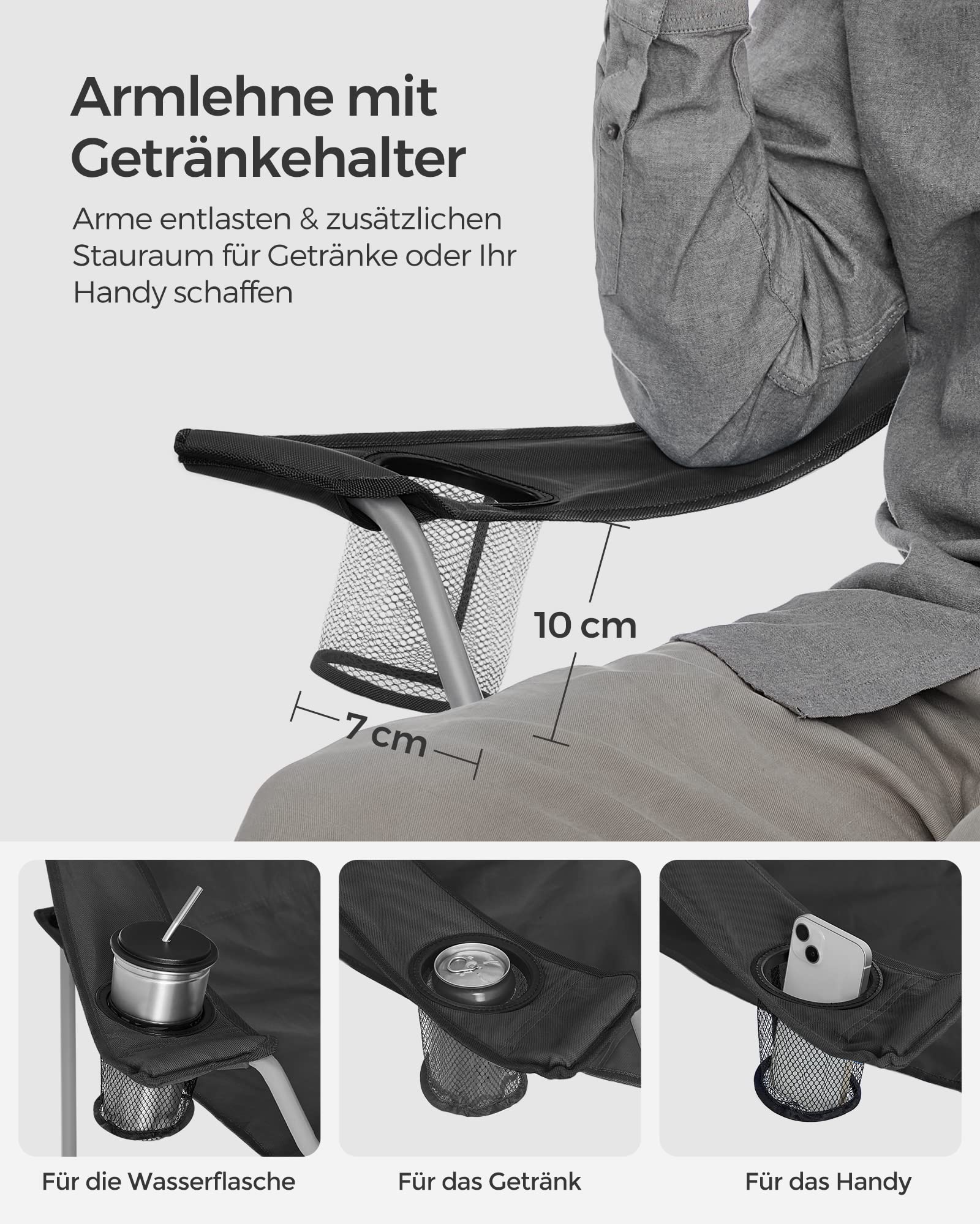 SONGMICS 2er Set Campingstuhl Klappstuhl Klappsitze Outdoor Komfortabel mit Armlehnen und Getränkehalter Stabiles Gestell Tragkraft 120kg