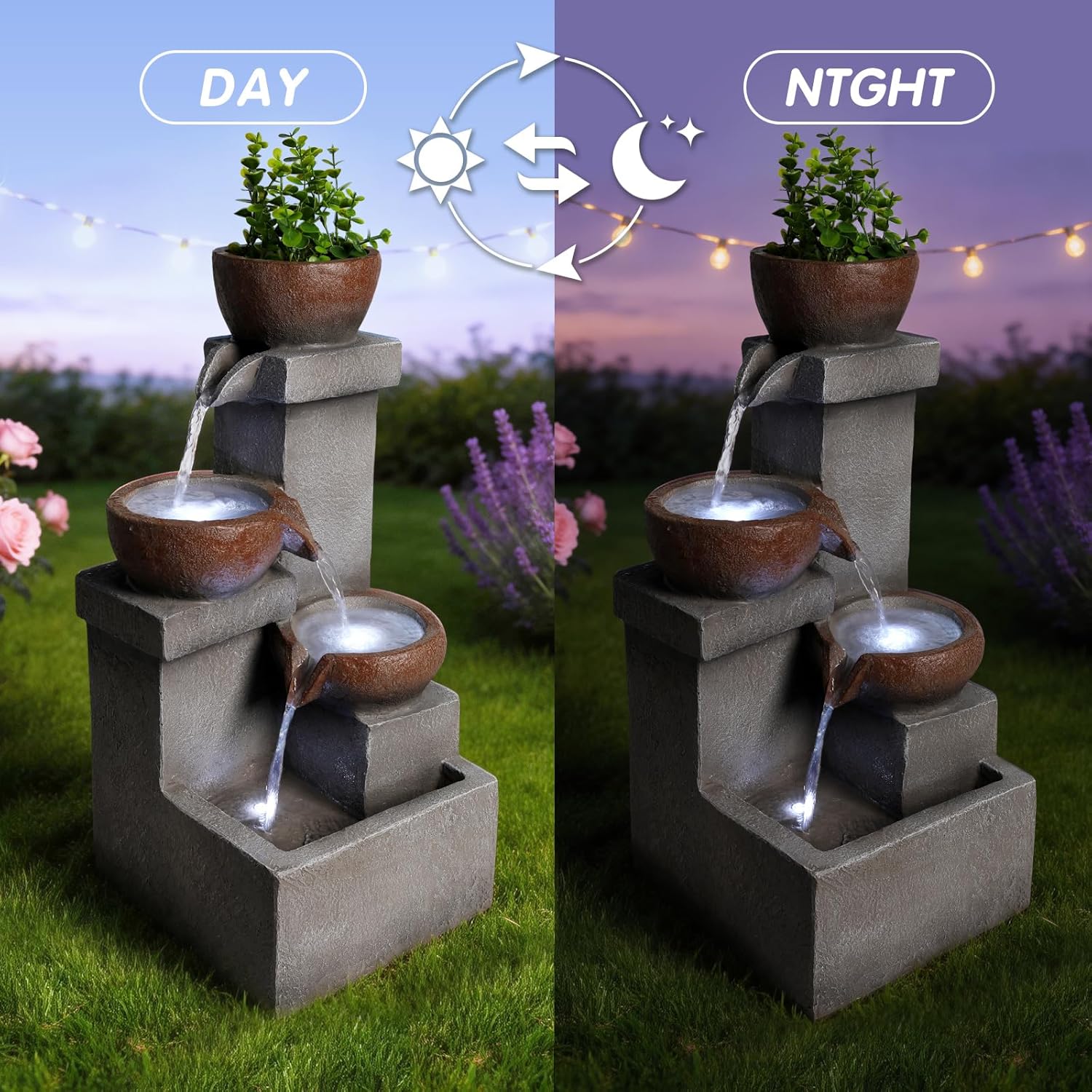 Large Cascading Outdoor Fountain Ground-Standing Fountain Fantastic Design Equipped with LED Lights, Suitable for Gardens Patios Porches and Swimming Pools,Bowl-Step