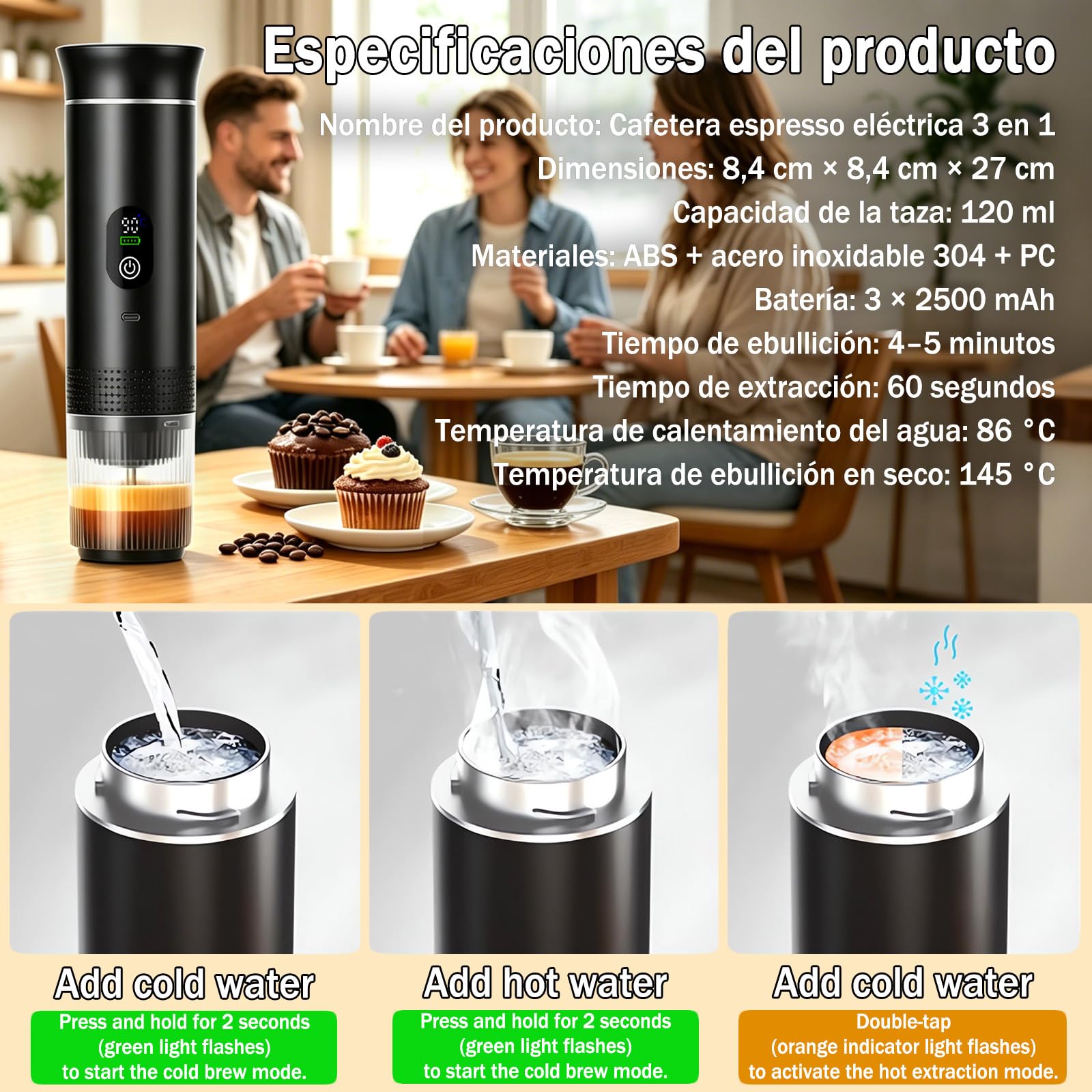 Cafetera de café espresso eléctrica portátil,3 en 1 Cafetera Portátil Espresso con Calentamiento Rápido,minicafetera de viaje,Ideal para Viajes, Oficina y Camping
